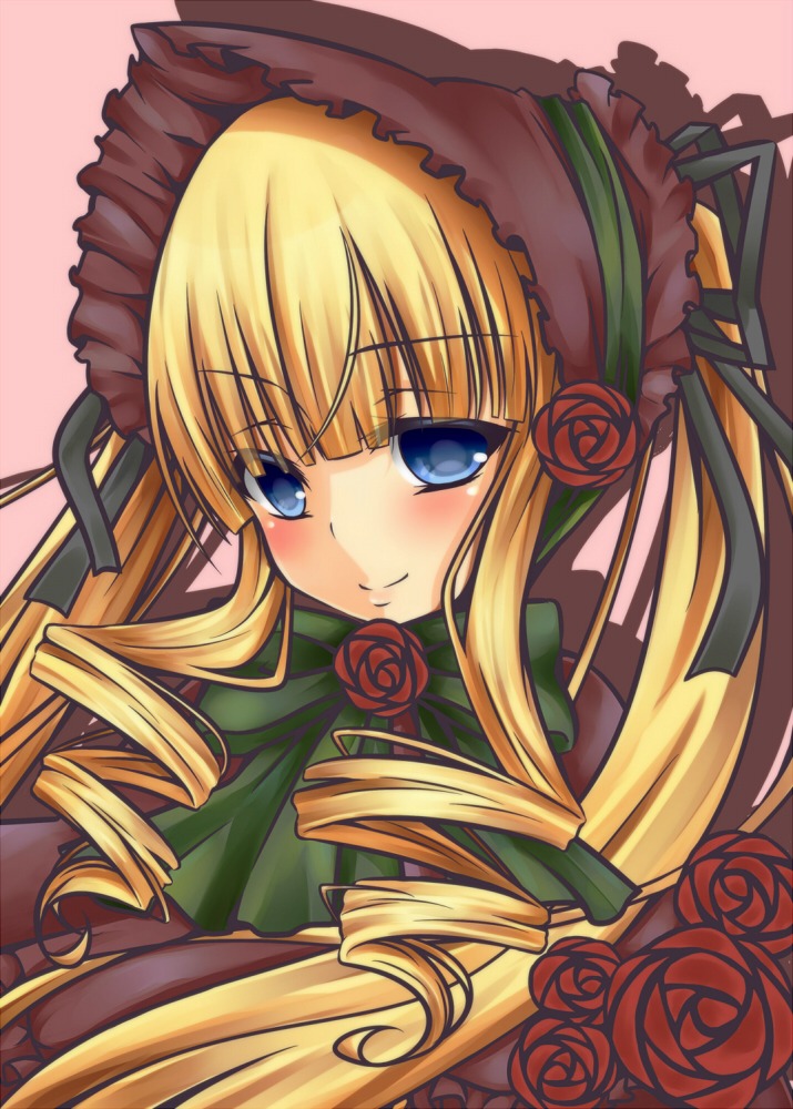 1girl blonde_hair blue_eyes blush bonnet bow dress drill_hair flower green_bow long_hair looking_at_viewer pink_background pink_flower pink_rose red_flower red_rose rose shinku simple_background smile solo twintails