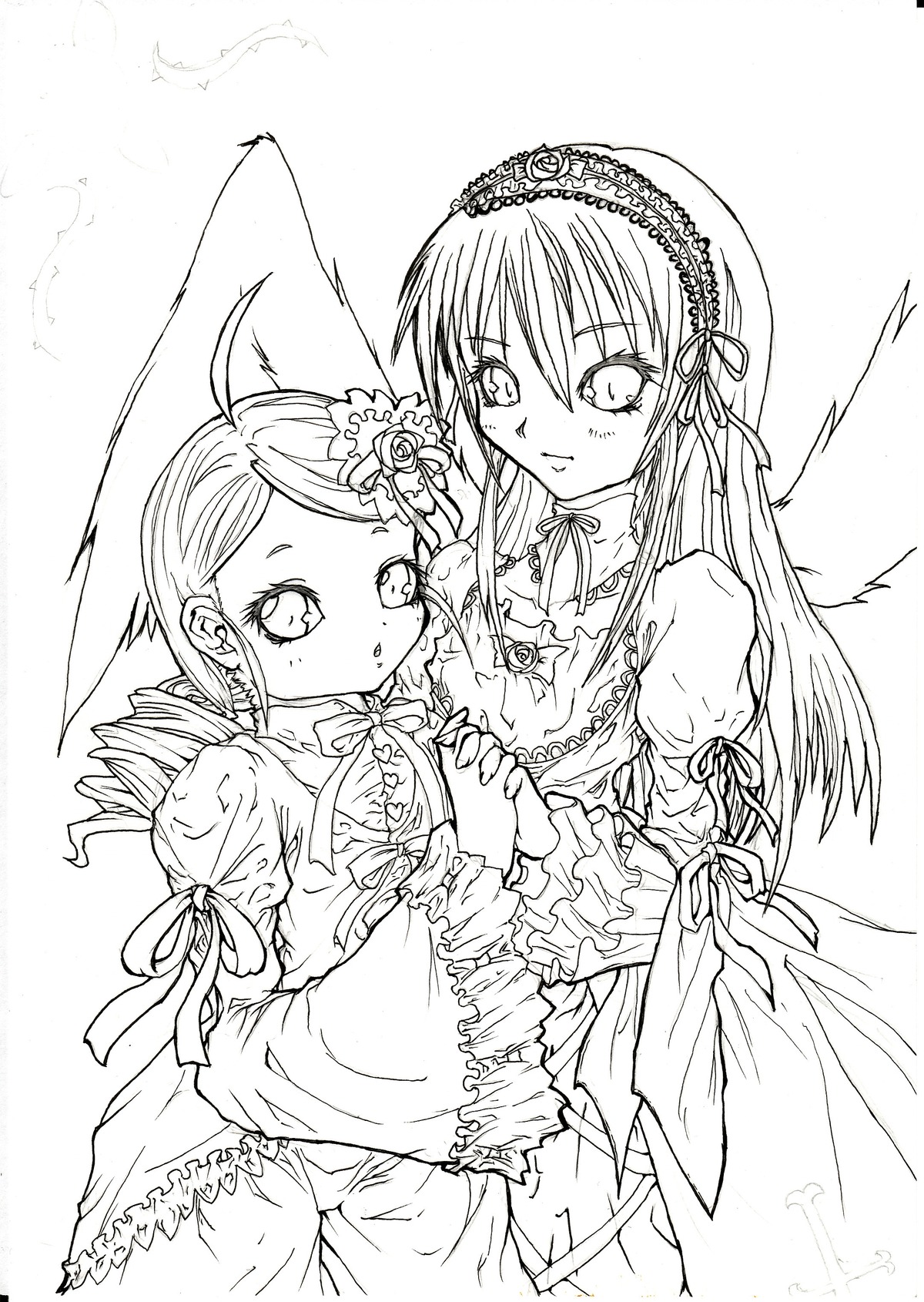 2girls ahoge dress drill_hair flower greyscale hair_ornament holding_hands image kanaria long_hair long_sleeves looking_at_viewer monochrome multiple_girls pair puffy_sleeves ribbon simple_background smile suigintou twin_drills wings