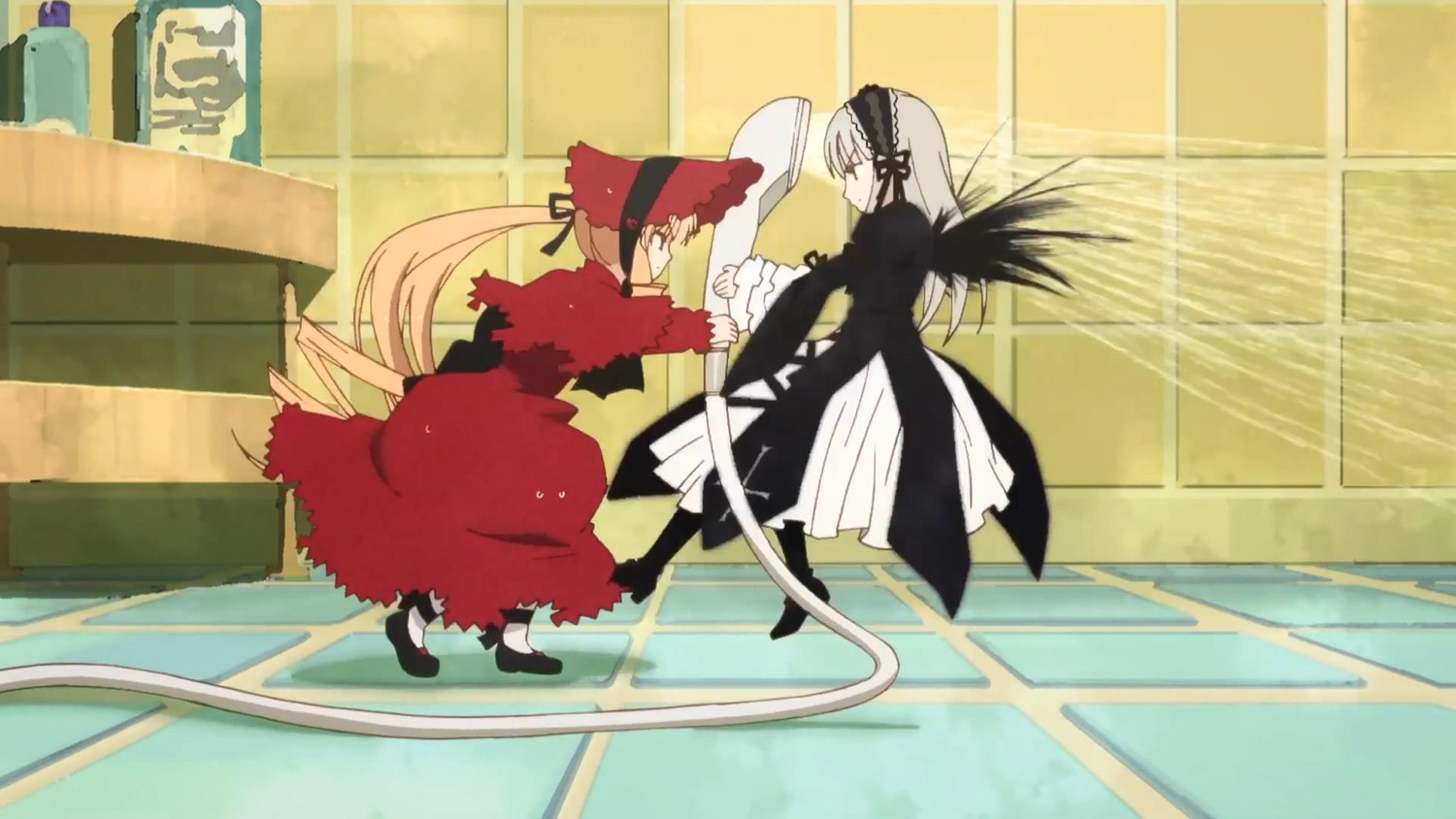 2girls black_wings blonde_hair dress frills image long_hair long_sleeves multiple_girls outdoors pair profile ribbon shinku silver_hair standing suigintou very_long_hair wings