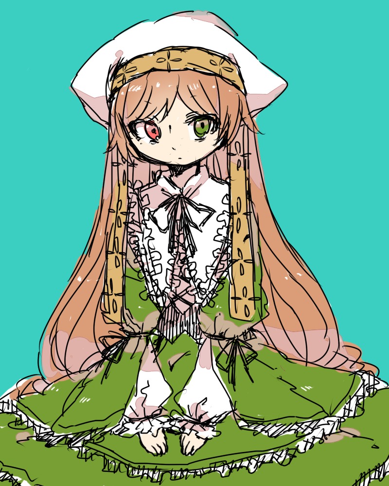 1girl brown_hair closed_mouth dress frills green_dress green_eyes heterochromia image long_hair long_sleeves looking_at_viewer red_eyes ribbon simple_background solo suiseiseki very_long_hair