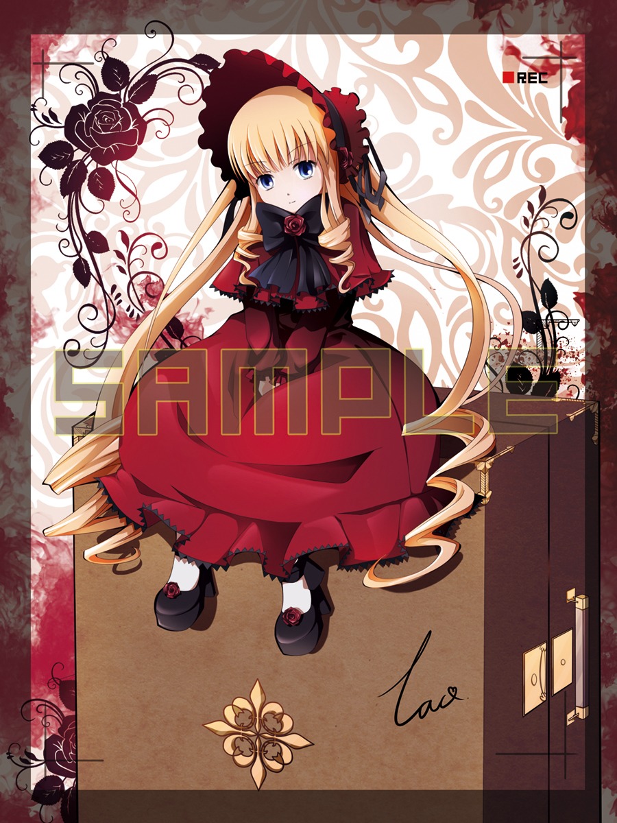 1girl blonde_hair blue_eyes bonnet bow bowtie capelet dress drill_hair flower full_body image long_hair long_sleeves looking_at_viewer red_capelet red_dress rose shinku shoes solo twintails very_long_hair