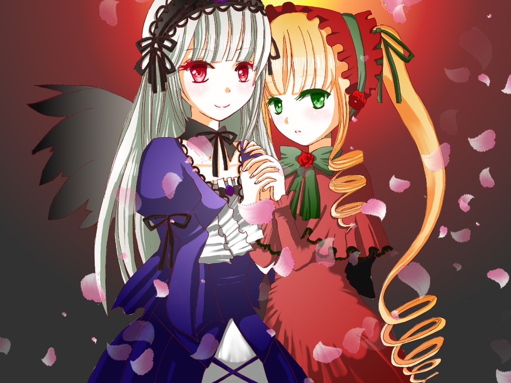 2girls black_wings blonde_hair dress drill_hair flower green_eyes hairband holding_hands image interlocked_fingers long_hair long_sleeves looking_at_viewer multiple_girls pair petals red_eyes rose rose_petals shinku silver_hair smile suigintou twintails wings