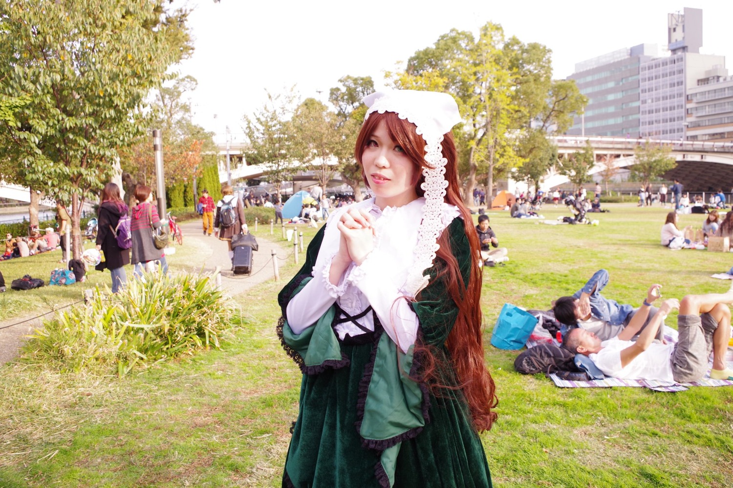 brown_hair building dress grass long_hair multiple_boys multiple_girls outdoors solo suiseiseki tree