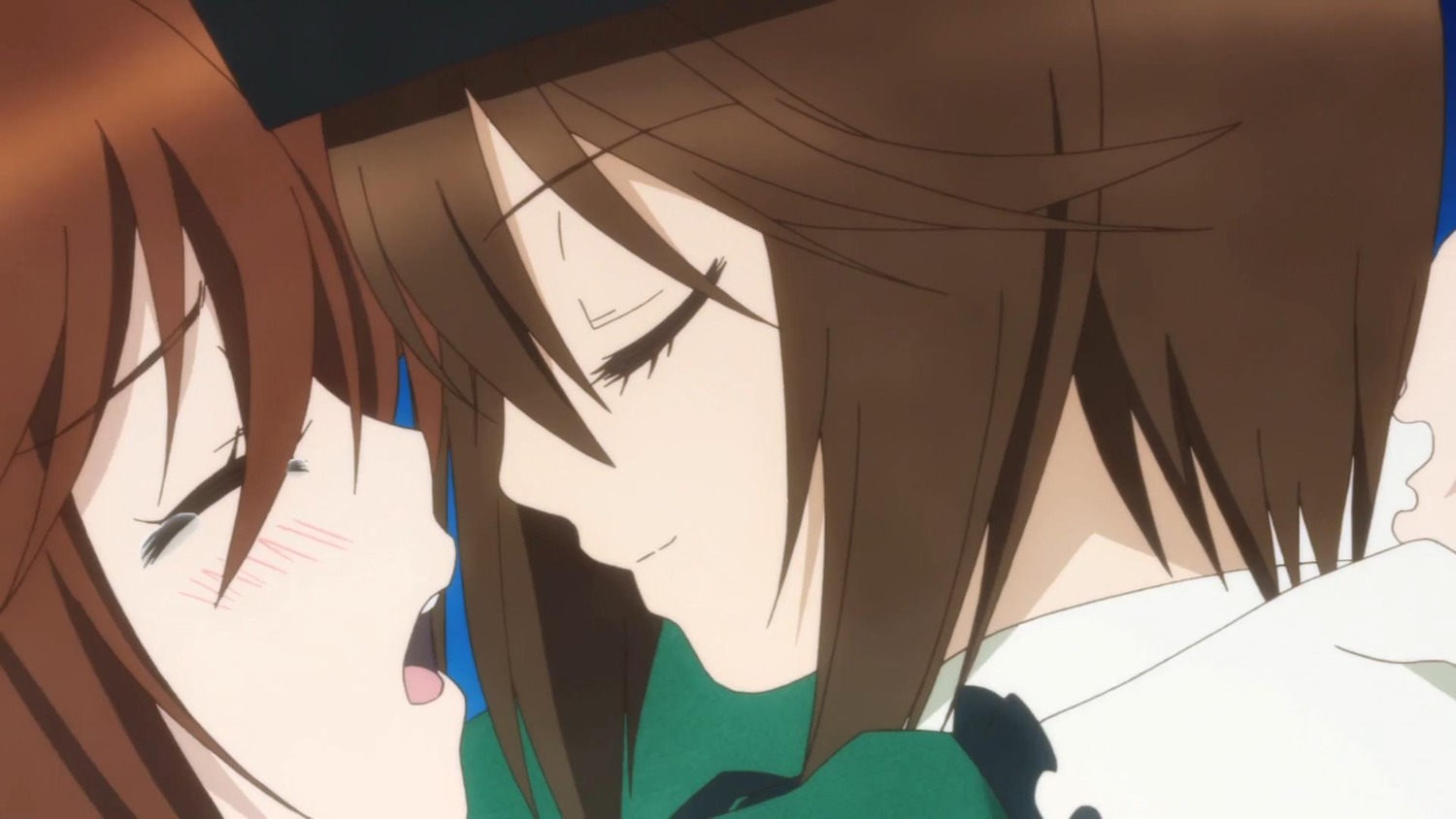 2girls blush brown_hair closed_eyes face image incest multiple_girls nishizumi_maho open_mouth pair profile short_hair siblings simple_background sisters smile souseiseki suiseiseki yuri