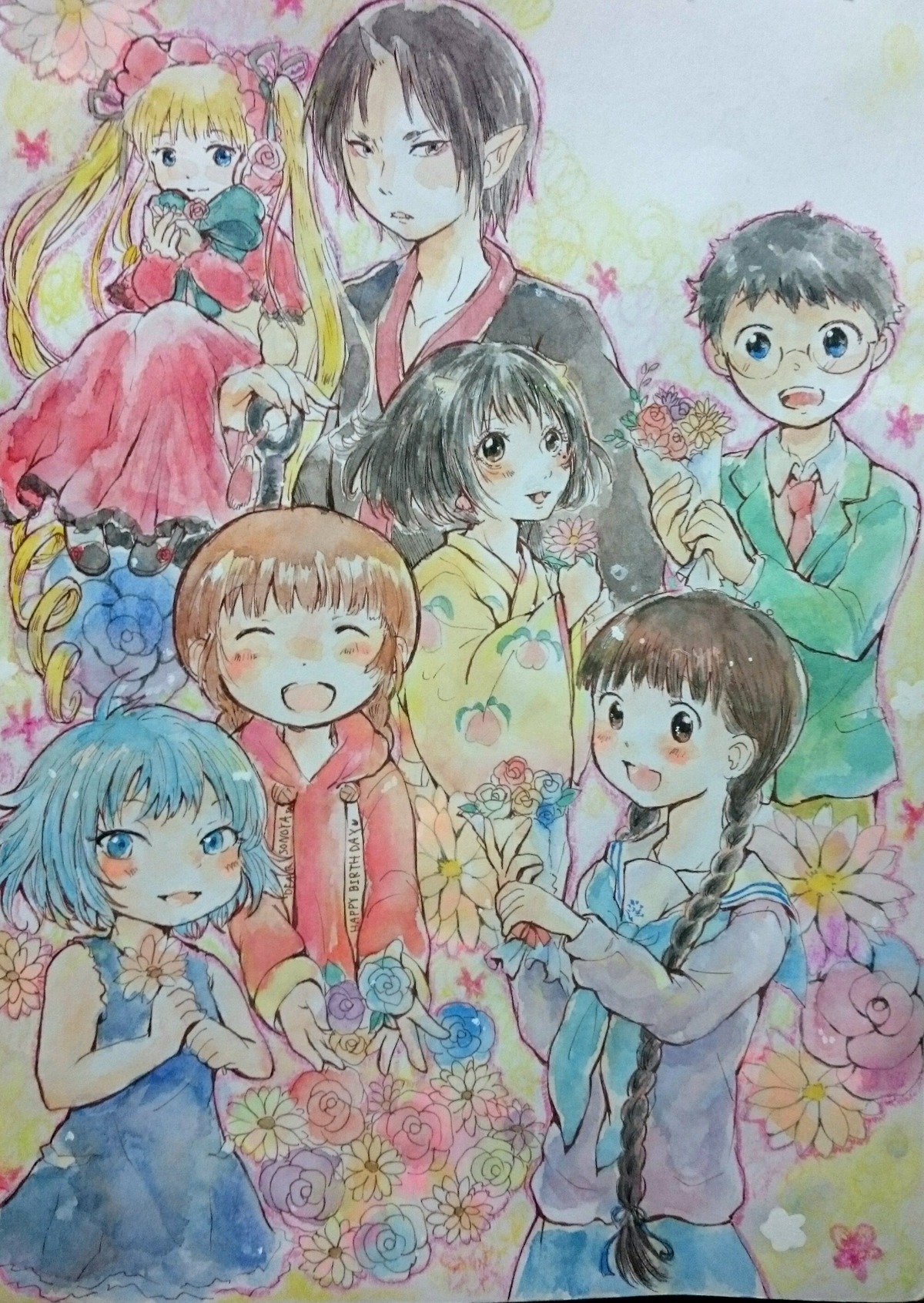 6+girls black_hair blonde_hair blue_eyes braid brown_hair closed_eyes dress flower glasses hands_clasped image long_hair multiple multiple_boys multiple_girls rose short_hair smile tagme traditional_media twin_braids twintails watercolor_(medium)