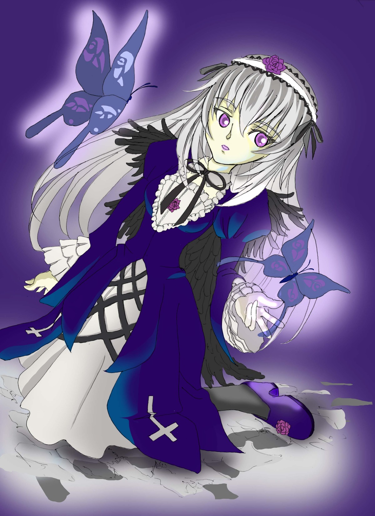 1girl auto_tagged bug butterfly detached_collar dress flower frills hairband image insect lolita_hairband long_hair long_sleeves looking_at_viewer pink_eyes silver_hair solo suigintou wings