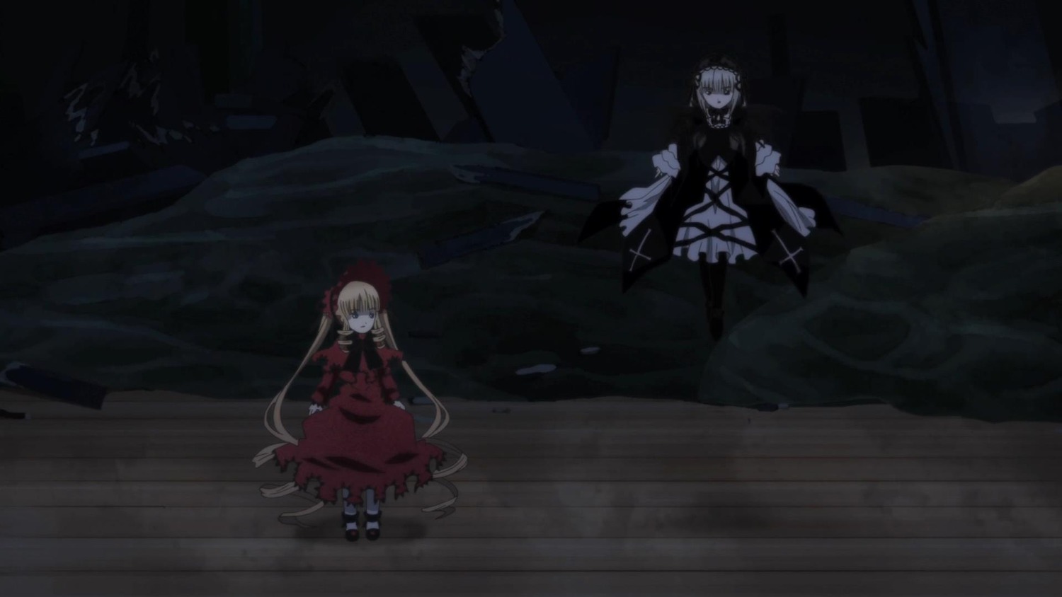 2girls blonde_hair bow dress image long_hair multiple_girls pair red_dress shinku standing suigintou very_long_hair