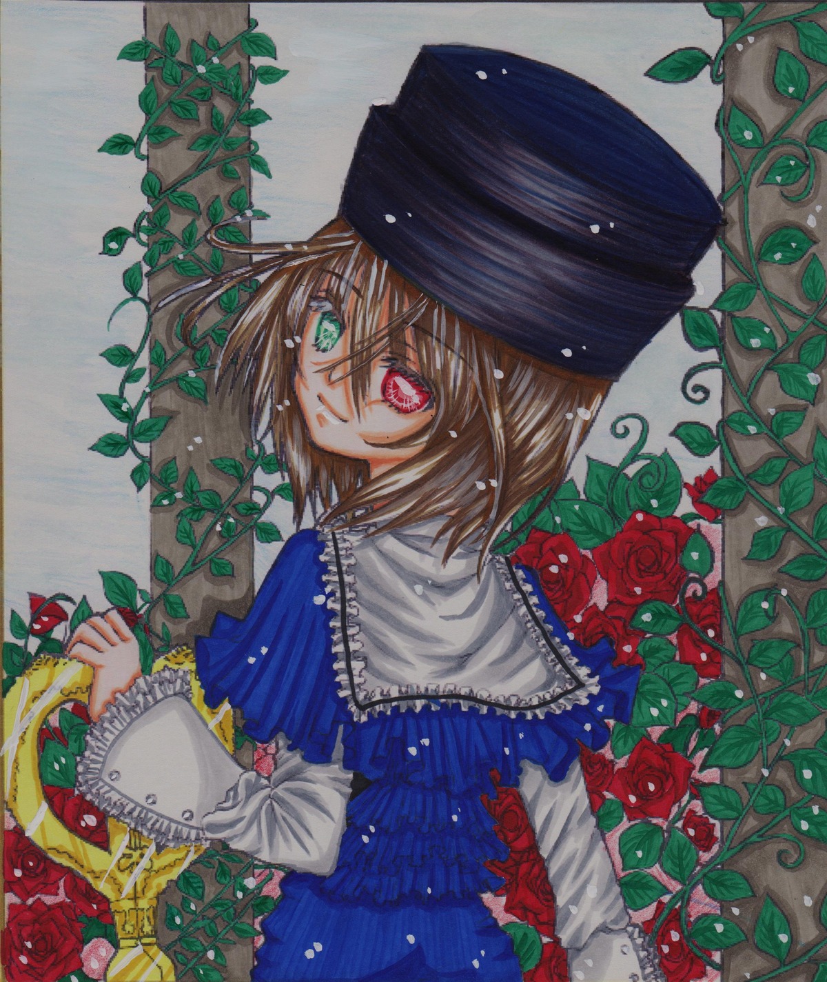 1girl brown_hair capelet flower green_eyes hat heterochromia image leaf long_sleeves looking_at_viewer looking_back plant red_eyes red_flower red_rose rose short_hair solo souseiseki thorns traditional_media vines