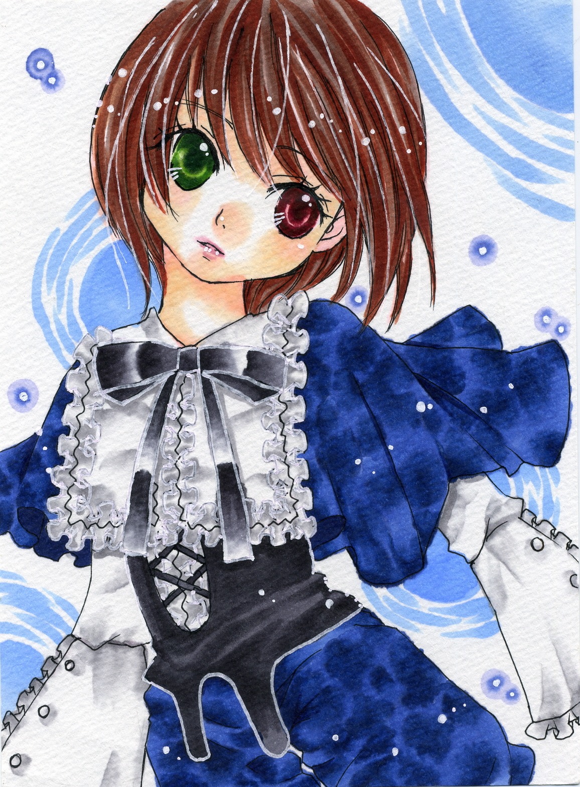 1girl brown_hair dress frills green_eyes heterochromia image long_sleeves looking_at_viewer red_eyes short_hair solo souseiseki traditional_media upper_body