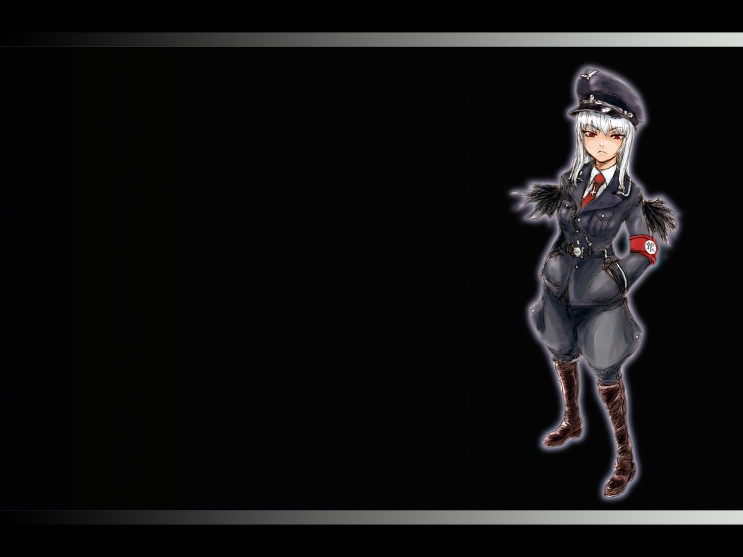 1girl boots full_body gloves hat image iron_cross long_hair military military_uniform necktie red_eyes solo suigintou uniform white_hair