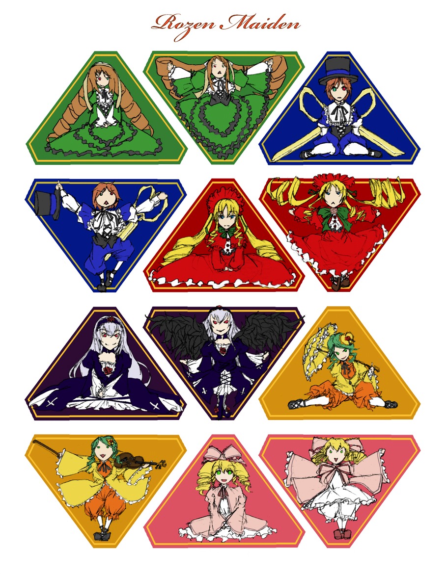 6+girls blonde_hair blue_eyes bow brown_hair dress drill_hair flower frills green_eyes green_hair hat heterochromia hina_ichigo image kanaria long_hair multiple multiple_girls pink_bow red_eyes rose shinku short_hair siblings silver_hair smile souseiseki suigintou suiseiseki tagme very_long_hair wings