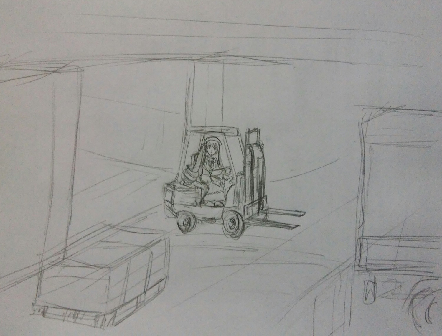 1girl door ground_vehicle image long_hair monochrome sketch solo suiseiseki traditional_media