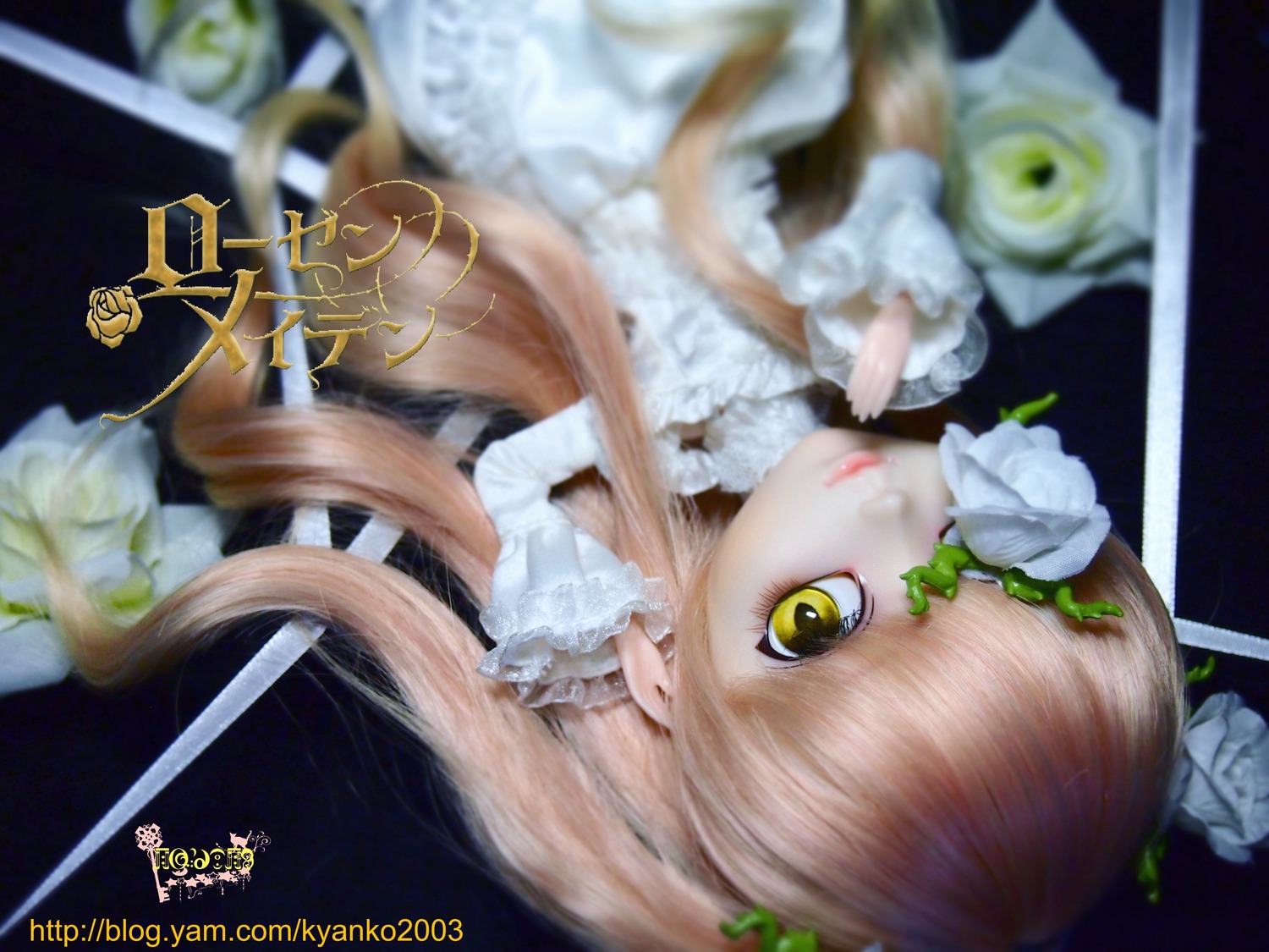 1girl artist_name auto_tagged bangs blurry blurry_background blurry_foreground depth_of_field doll dress flower frills hair_ornament kirakishou long_hair long_sleeves looking_at_viewer rose solo twintails white_flower white_rose yellow_eyes