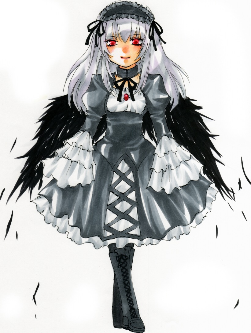 1girl black_wings boots cross-laced_footwear dress feathers frills full_body hairband image juliet_sleeves knee_boots lolita_hairband long_hair long_sleeves looking_at_viewer puffy_sleeves red_eyes silver_hair solo standing suigintou white_background wings