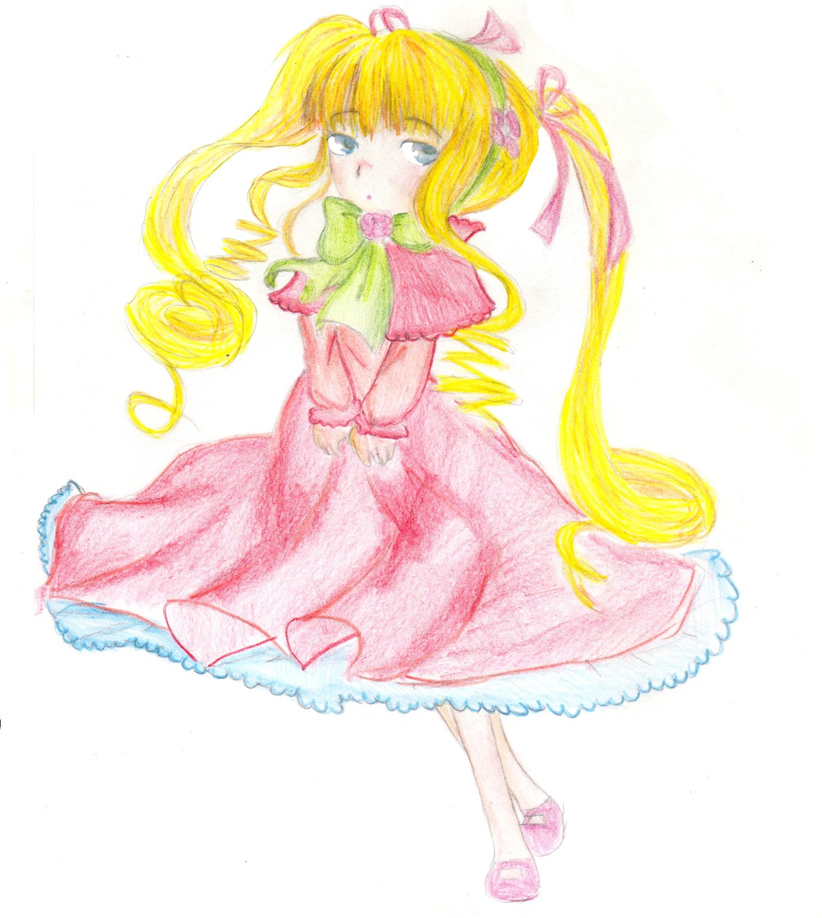 1girl blonde_hair blue_eyes bonnet bow bowtie capelet dress full_body image long_hair long_sleeves looking_at_viewer pink_bow pink_dress shinku simple_background solo standing traditional_media twintails v_arms