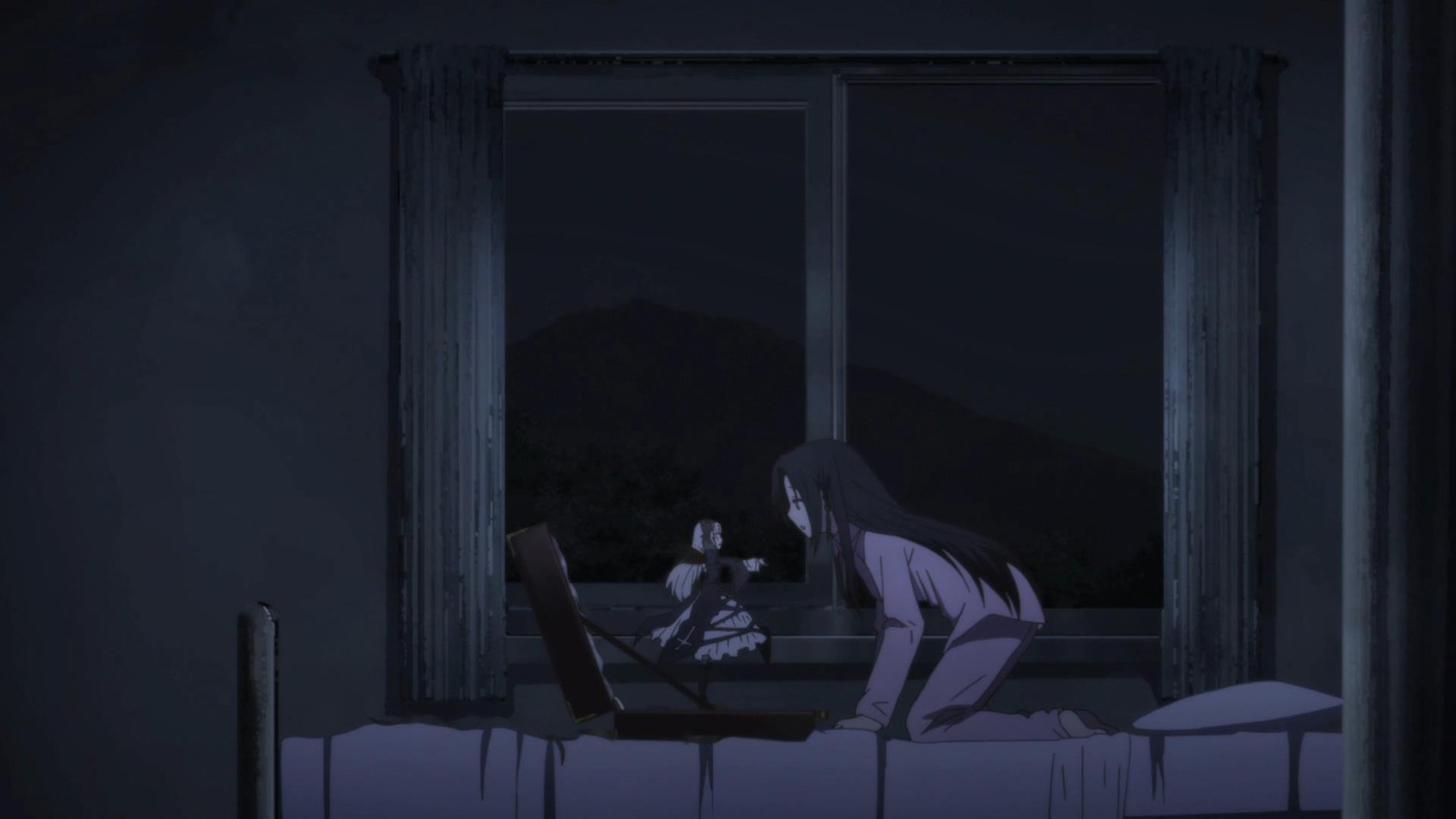 1girl bed black_hair curtains dark image indoors long_hair night sitting solo suigintou window