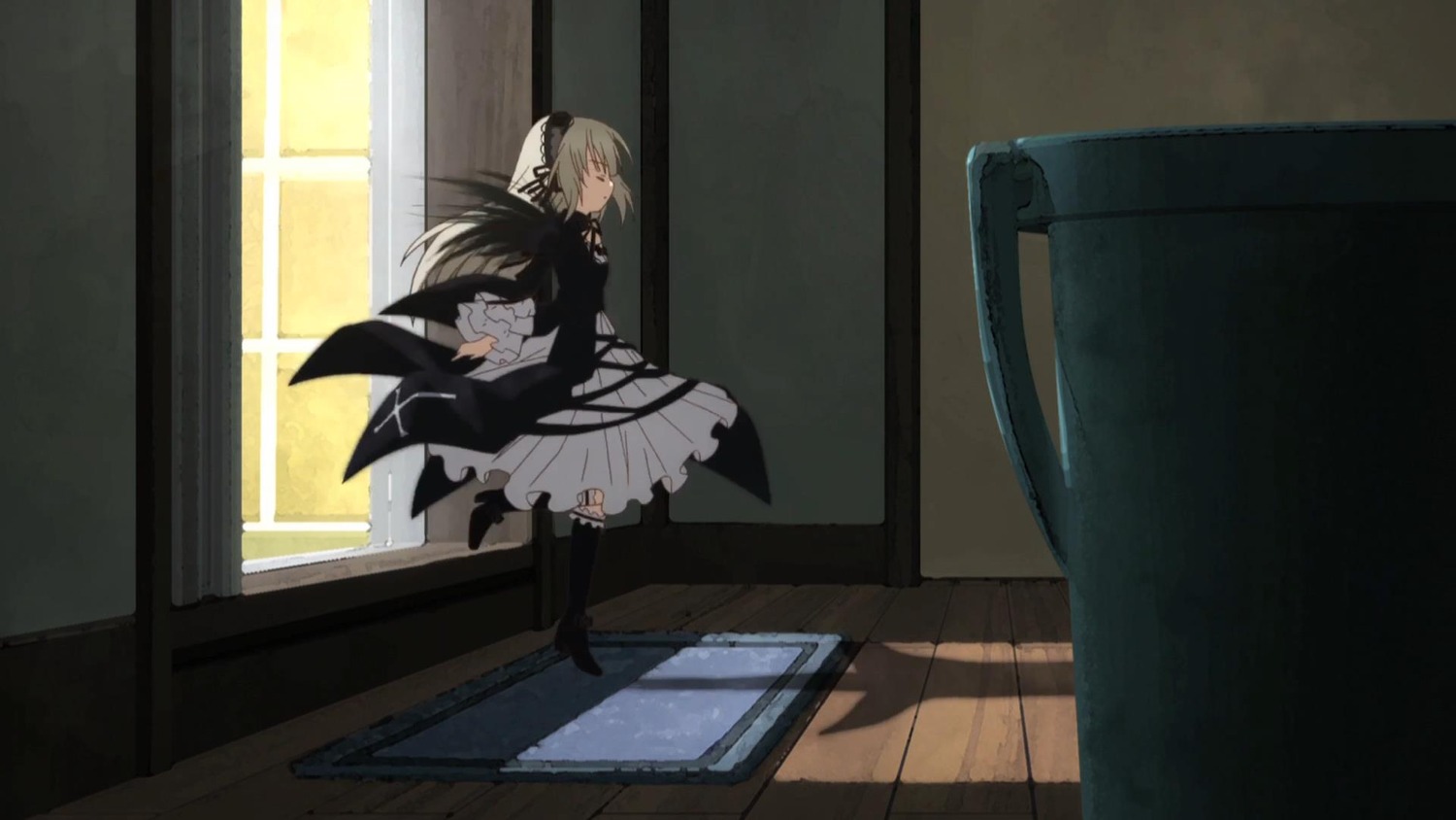 1girl black_dress dress frills gothic_lolita image indoors long_hair long_sleeves piano solo standing suigintou very_long_hair wings