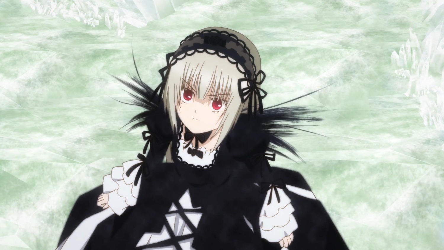 1girl bangs black_dress black_ribbon black_wings closed_mouth dress eyebrows_visible_through_hair frills hairband image long_hair long_sleeves looking_at_viewer red_eyes ribbon silver_hair smile solo suigintou wings