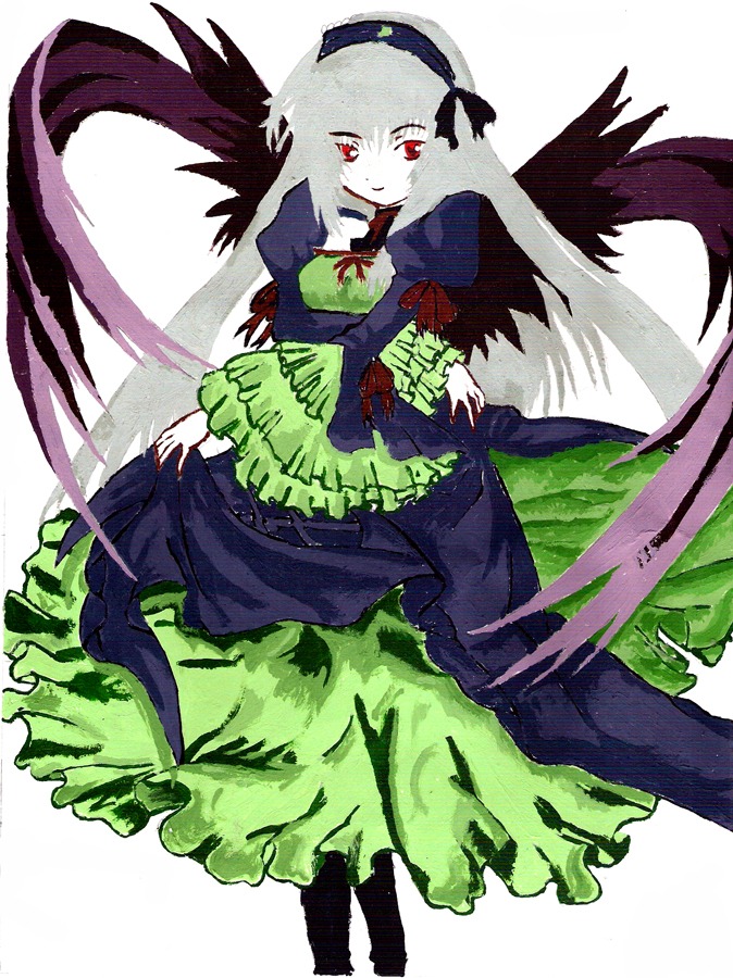 1girl black_wings dress frilled_sleeves frills image long_hair long_sleeves looking_at_viewer puffy_sleeves red_eyes simple_background solo suigintou very_long_hair white_background wings