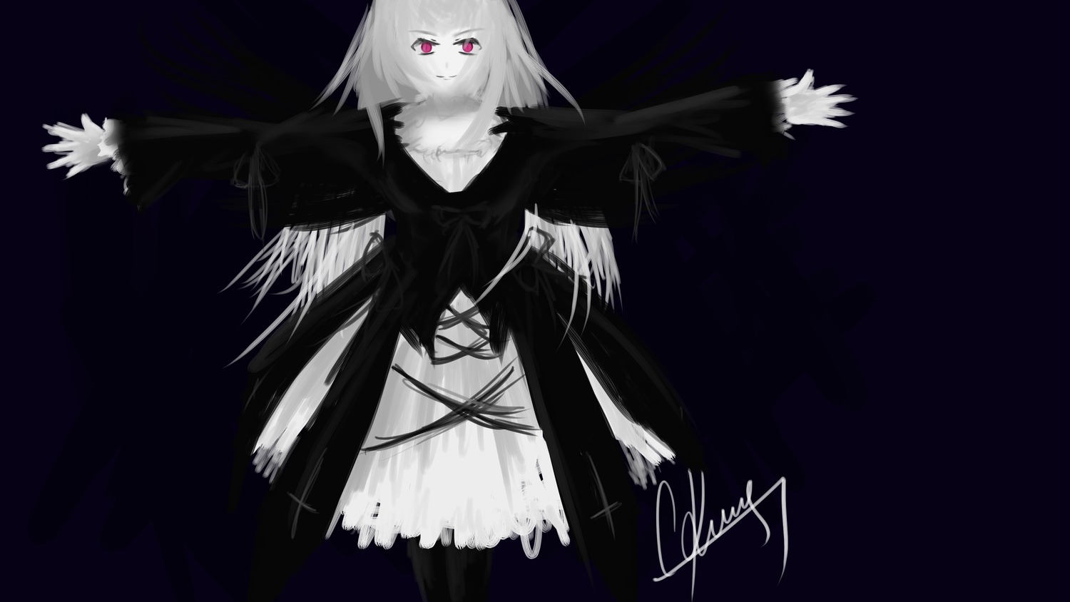 1girl dress image long_hair long_sleeves looking_at_viewer monochrome outstretched_arms red_eyes signature solo spread_arms suigintou