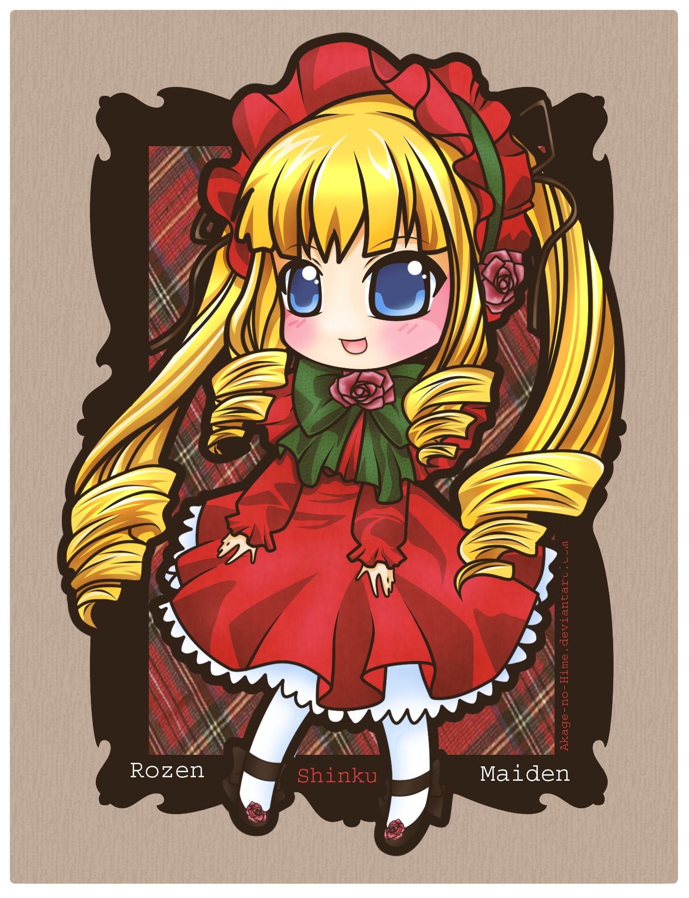 1girl auto_tagged blonde_hair blue_eyes blush bonnet bow chibi dress drill_hair flower full_body image long_hair long_sleeves looking_at_viewer open_mouth pantyhose pink_flower pink_rose red_dress ringlets rose shinku shoes solo standing twin_drills twintails white_legwear
