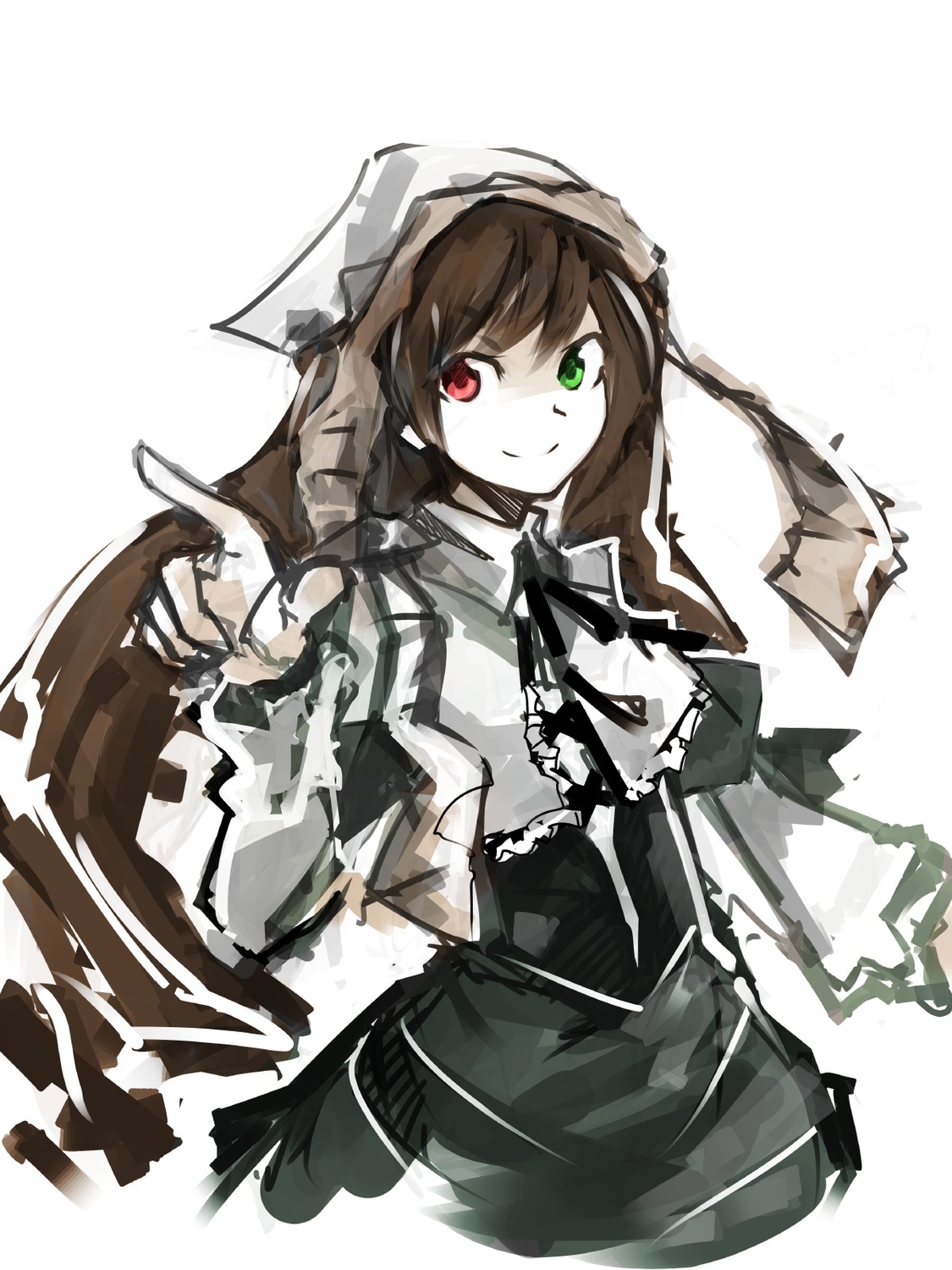 1girl black_ribbon brown_hair dress frills green_eyes heterochromia image index_finger_raised long_hair long_sleeves looking_at_viewer red_eyes simple_background smile solo suiseiseki white_background