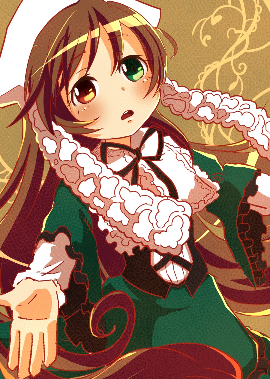 1girl blush brown_hair dress frills green_dress green_eyes hat head_scarf heterochromia image long_hair long_sleeves looking_at_viewer open_mouth red_eyes solo suiseiseki very_long_hair