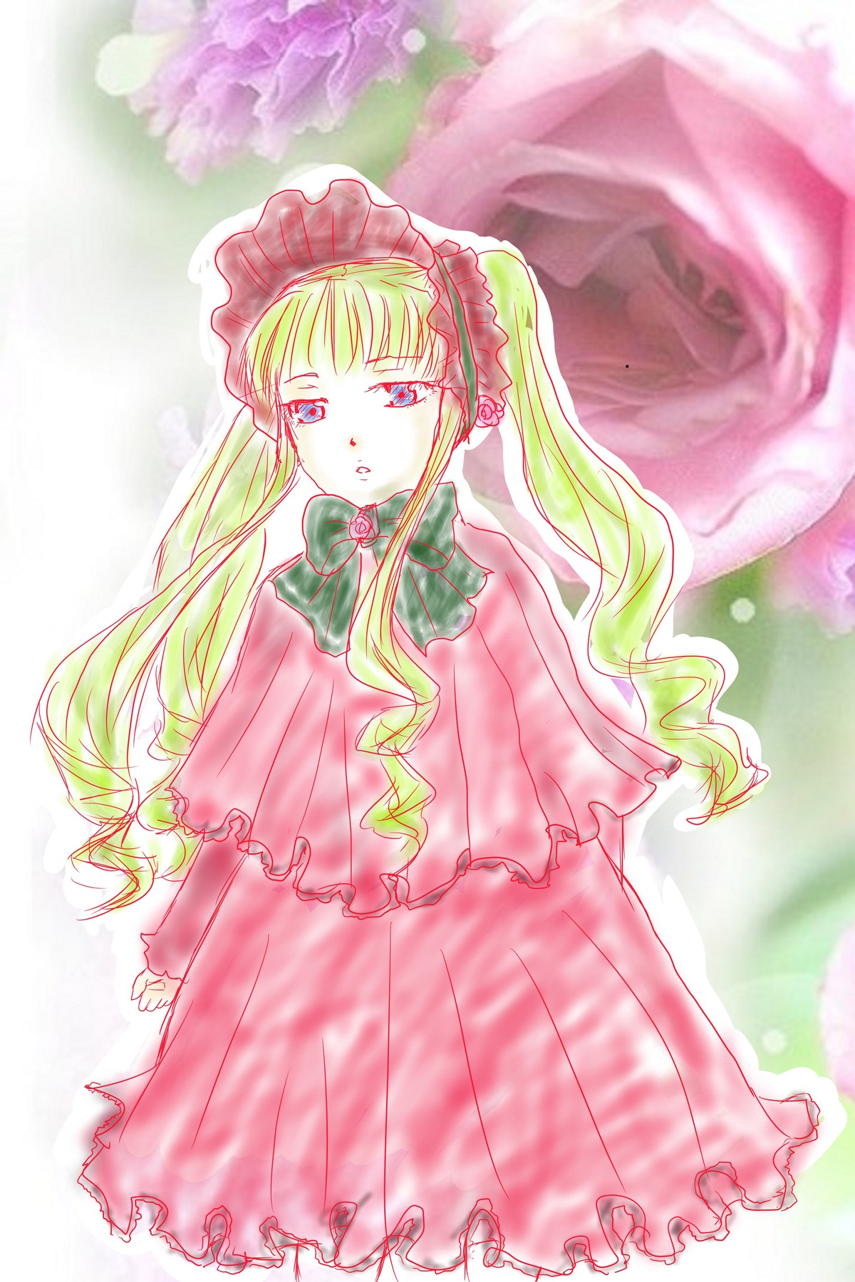 1girl auto_tagged blonde_hair blue_eyes bow bowtie capelet dress flower frills green_bow green_neckwear image long_hair long_sleeves looking_at_viewer shinku solo