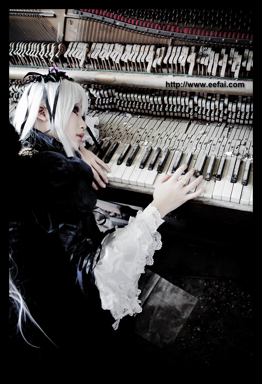 1girl black_dress closed_eyes gothic instrument long_sleeves music nail_polish playing_instrument profile solo suigintou white_hair