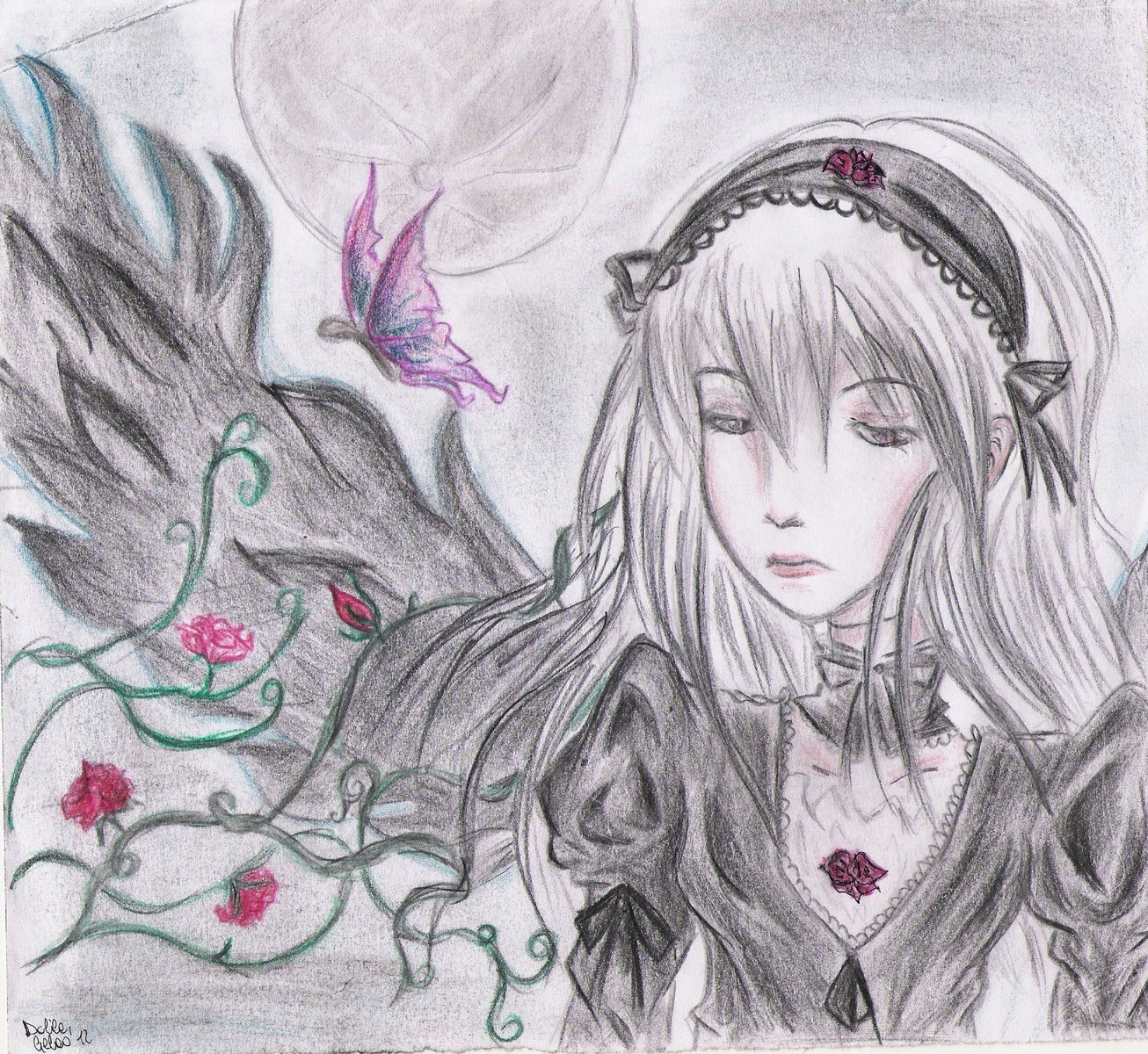 1girl bug butterfly dress flower hairband half-closed_eyes image insect long_hair long_sleeves rose signature solo suigintou traditional_media watercolor_(medium) wings