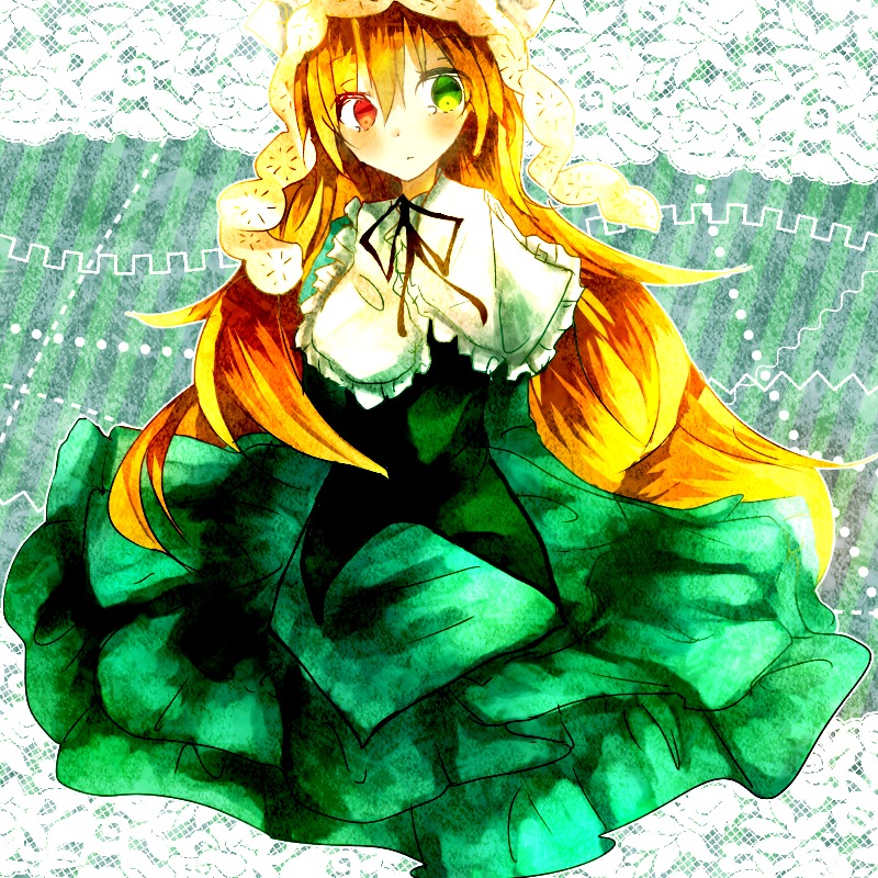 1girl blonde_hair blush dress frills green_dress green_eyes heterochromia image long_hair long_sleeves looking_at_viewer red_eyes ribbon solo suiseiseki very_long_hair