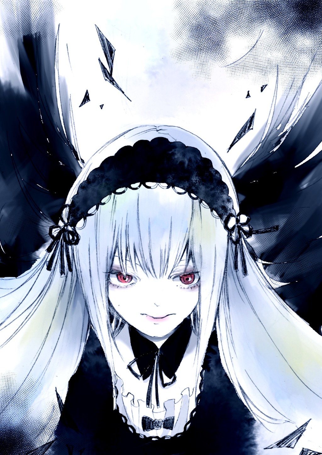 1girl auto_tagged bangs black_neckwear black_ribbon closed_mouth dress eyebrows_visible_through_hair feathers flower frills hairband image lolita_hairband long_hair long_sleeves looking_at_viewer neck_ribbon red_eyes ribbon rose silver_hair smile solo suigintou