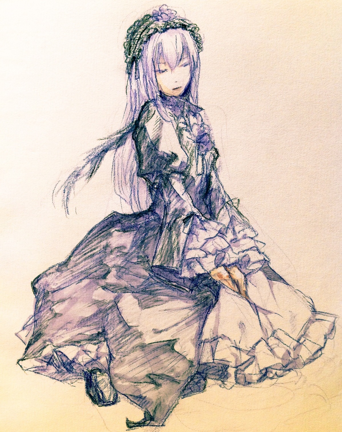 1girl closed_eyes dress flower frills hairband image long_hair long_sleeves megurine_luka sketch solo suigintou traditional_media