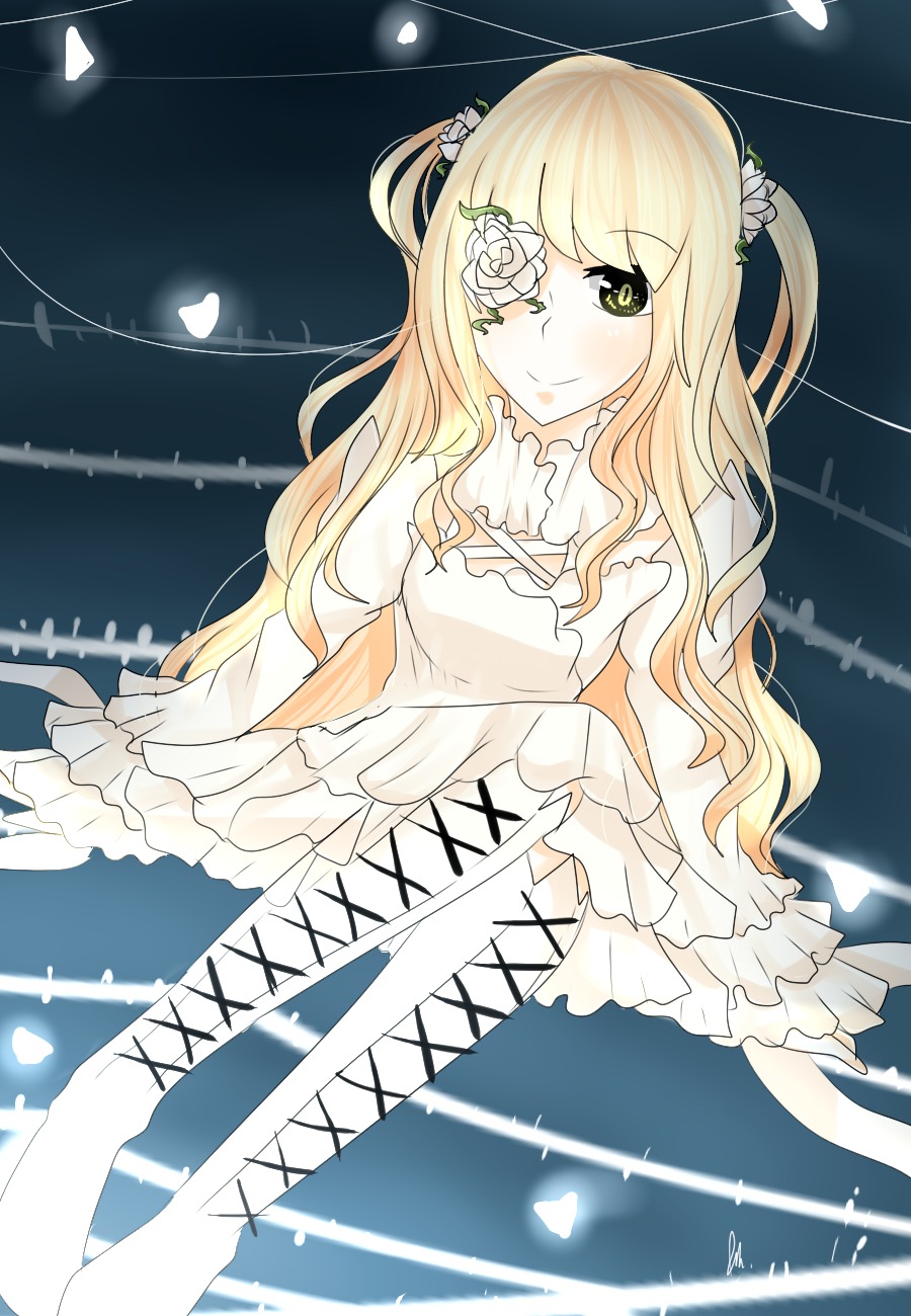 1girl blonde_hair doll_joints dress eyepatch flower frills hair_flower hair_ornament heart image joints kirakishou long_hair rose smile solo thorns two_side_up white_flower yellow_eyes