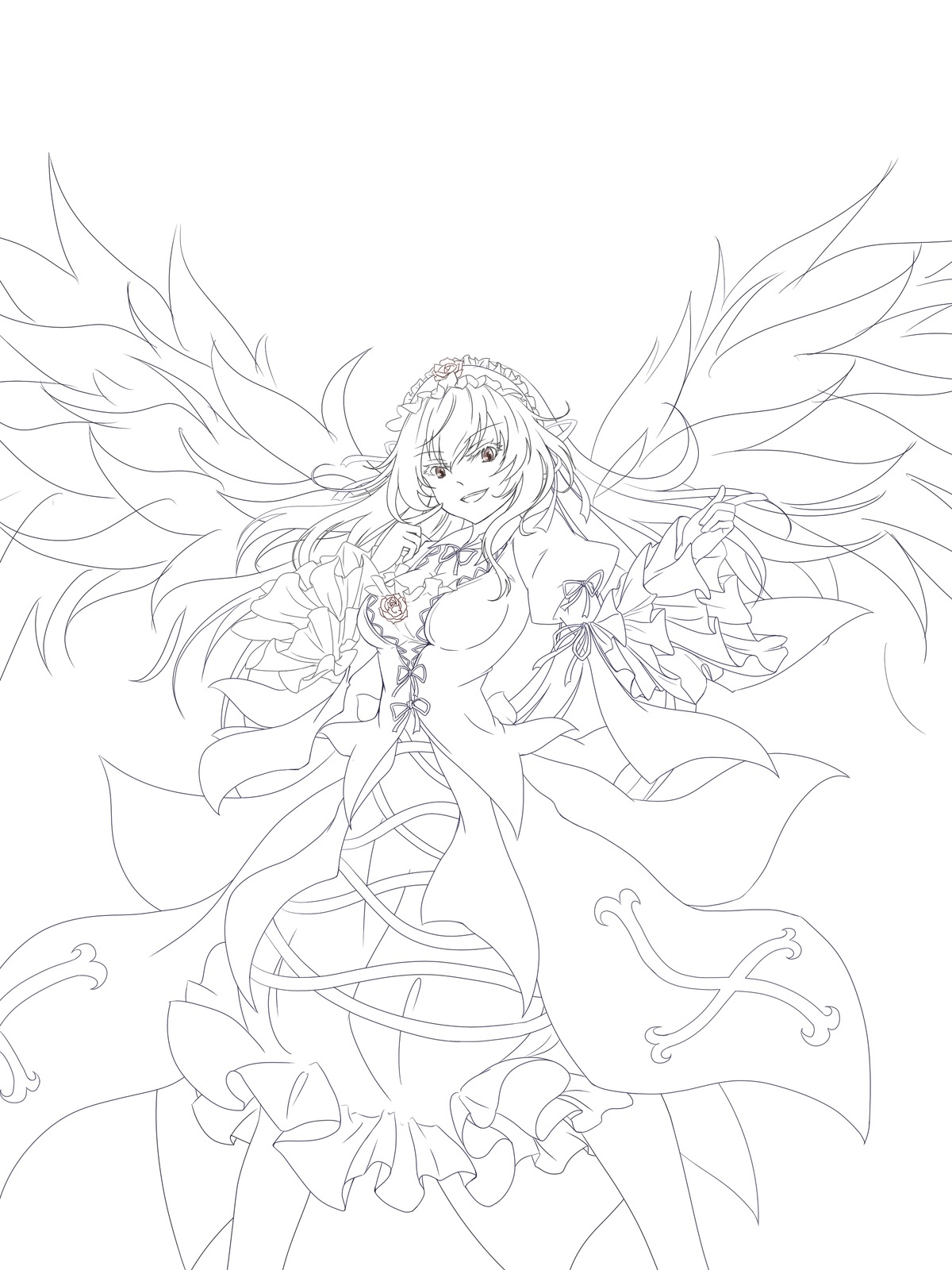 1girl breasts dress feathered_wings flower frills greyscale image lineart long_hair long_sleeves looking_at_viewer monochrome rose smile solo striped suigintou vertical_stripes very_long_hair wings