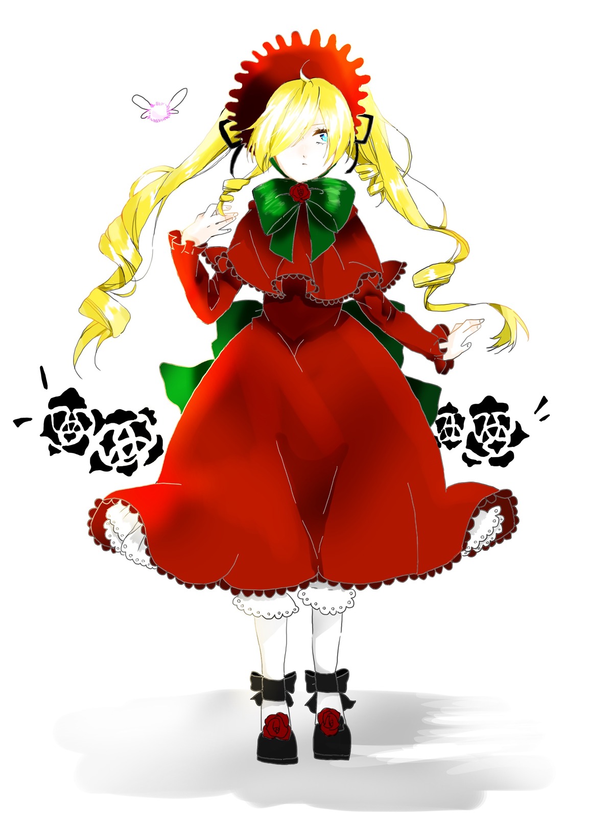 1girl blonde_hair blue_eyes bonnet bow dress drill_hair flower full_body green_bow green_neckwear hair_over_one_eye image long_hair long_sleeves pantyhose red_capelet rose shinku solo twintails white_legwear