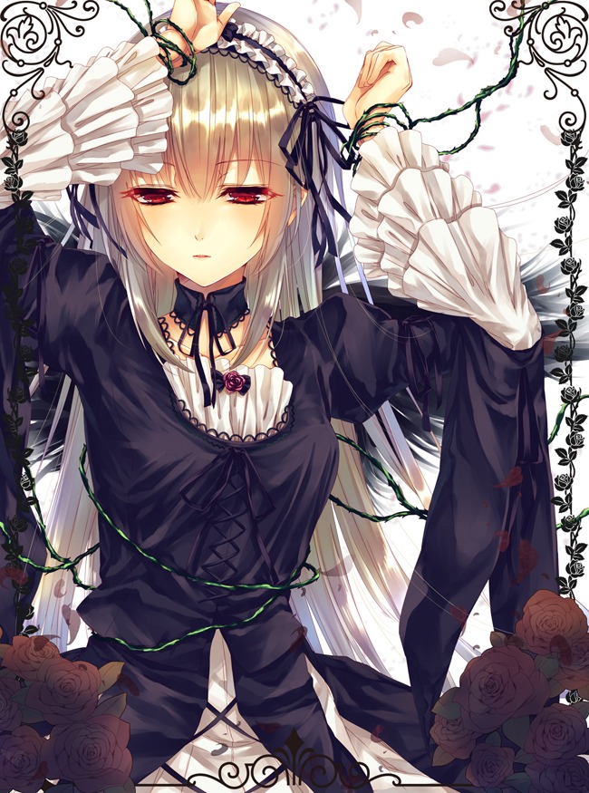 1girl bangs black_ribbon black_rose blue_rose border choker commentary_request cross-laced_clothes dress flower flower_border frilled_sleeves frills hair_ribbon hairband half-closed_eyes hands_up image lace lace-trimmed_dress lace_trim lolita_fashion long_hair long_sleeves looking_at_viewer parted_lips petals photoshop_(medium) pink_rose plant puffy_sleeves purple_rose red_eyes red_flower red_rose ribbon rose rose_petals rozen_maiden saijou_haruki silver_hair solo suigintou thorns upper_body vines wings