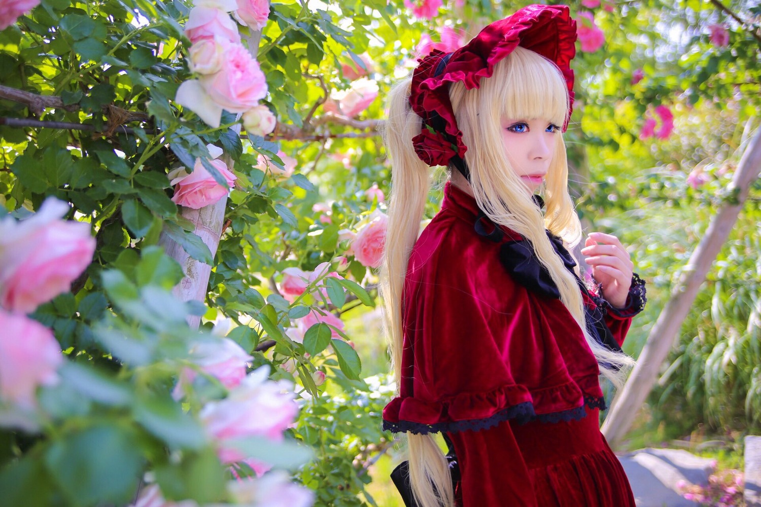 1girl bangs blonde_hair blue_eyes blurry blurry_background blurry_foreground bonnet capelet day depth_of_field dress flower long_hair long_sleeves looking_at_viewer outdoors pink_flower red_capelet red_dress shinku solo very_long_hair