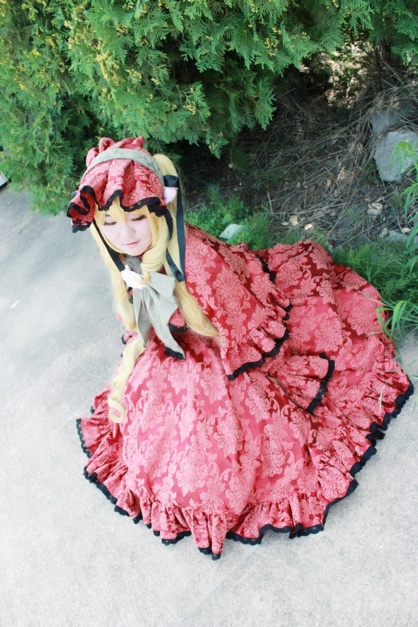 1girl blonde_hair bow closed_eyes dress frills long_hair pink_dress shinku smile solo