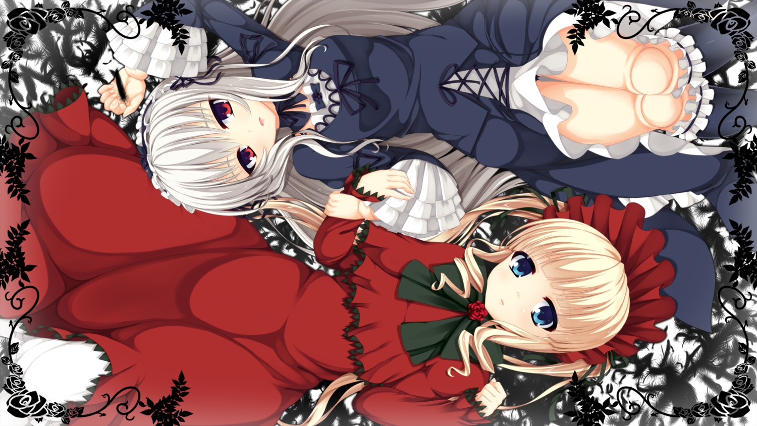 2girls blonde_hair blue_eyes blush bow dress frills image long_hair long_sleeves looking_at_viewer multiple_girls pair red_eyes shinku silver_hair suigintou