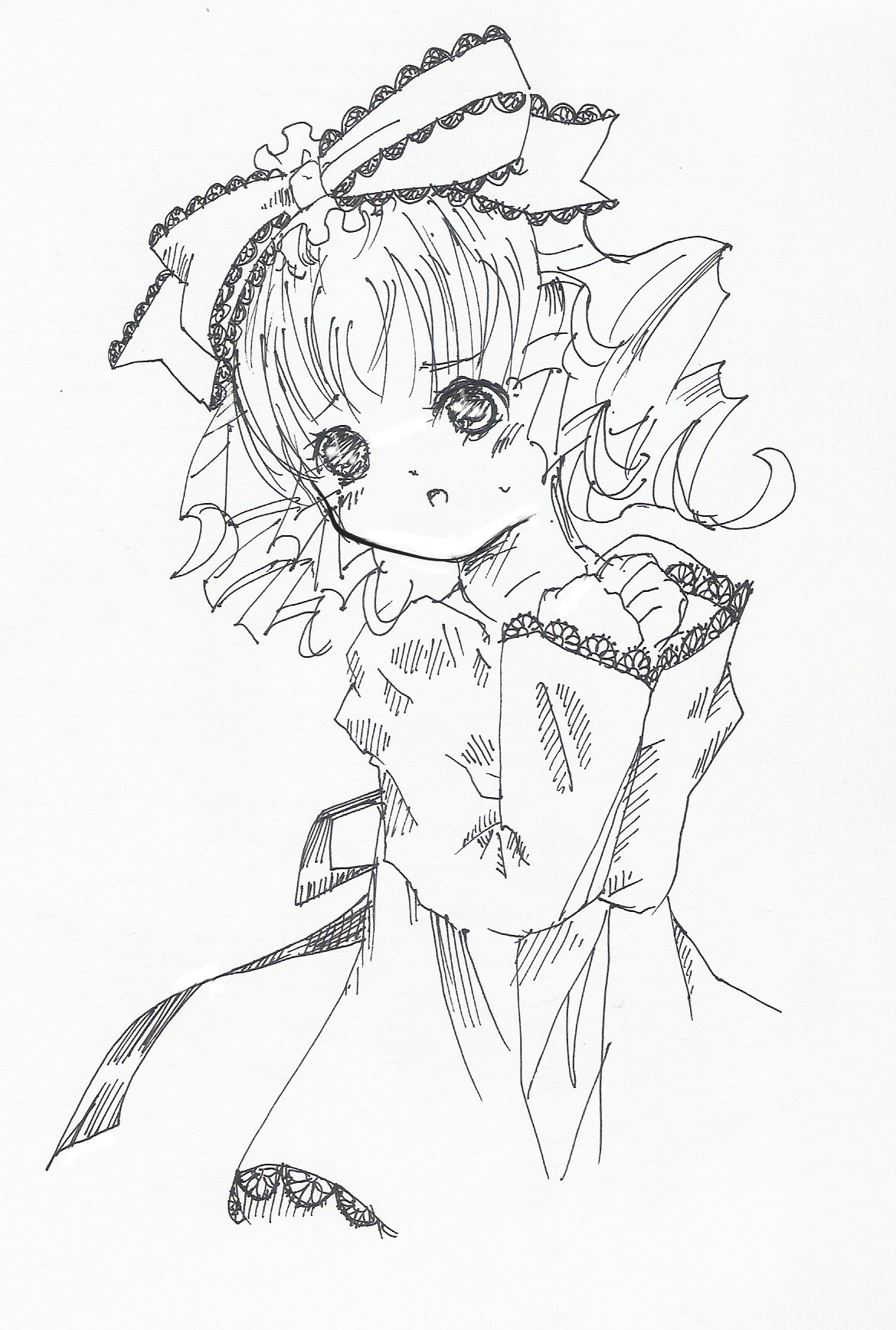 1girl blush bow crying dress drill_hair greyscale hinaichigo image monochrome solo tears traditional_media