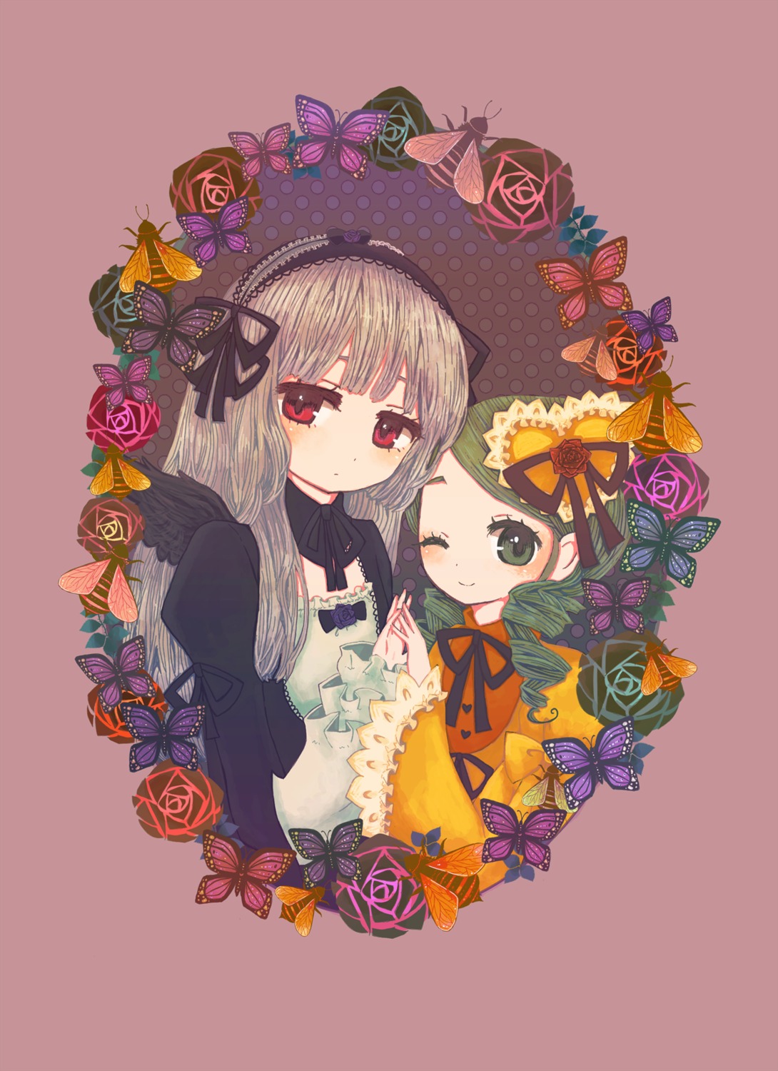 2girls blue_butterfly bug butterfly flower green_hair hair_ornament hat image insect kanaria long_hair looking_at_viewer multiple_girls one_eye_closed pair red_eyes ribbon rose smile suigintou