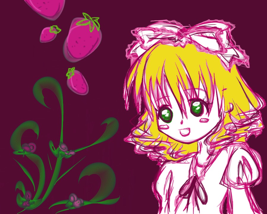 1girl :d blonde_hair food fruit green_eyes hina_ichigo hinaichigo image looking_at_viewer open_mouth pink_bow pink_theme plant ribbon simple_background smile solo strawberry upper_body