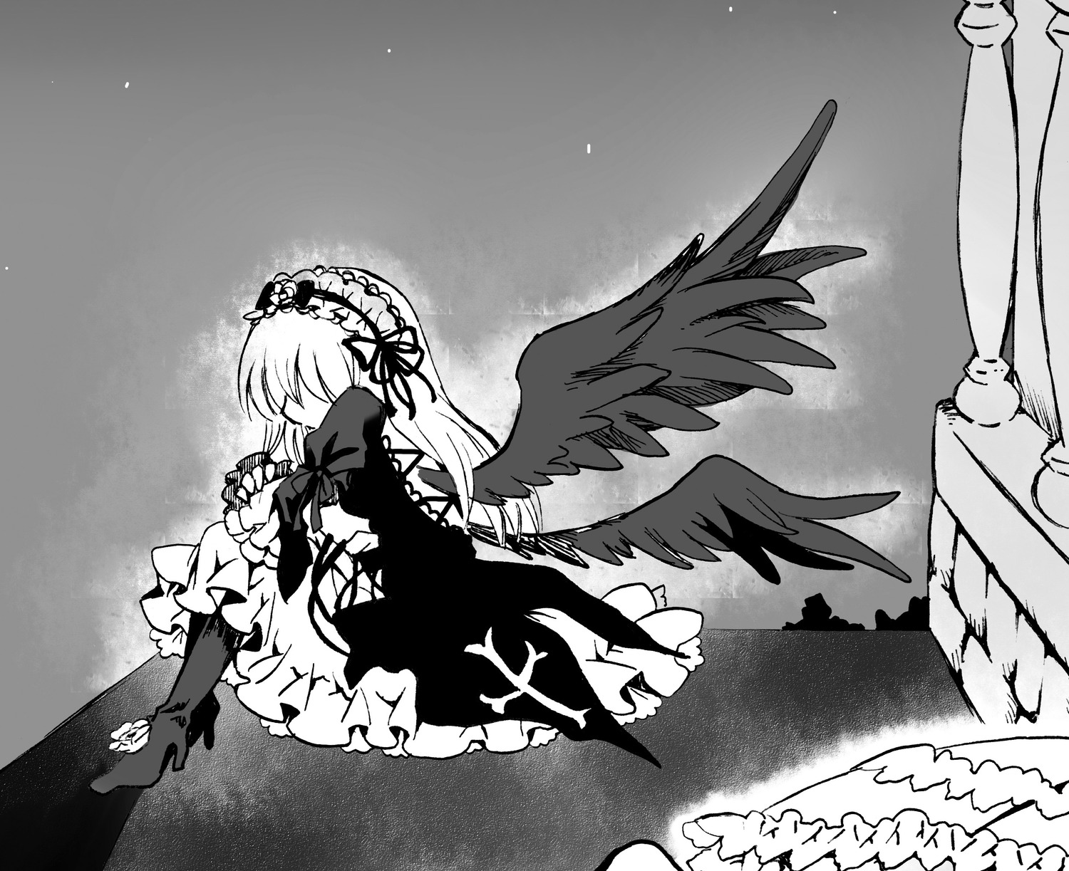 1girl black_wings dress feathered_wings frilled_sleeves frills greyscale hairband high_heel_boots high_heels image lolita_hairband long_hair long_sleeves monochrome ribbon solo suigintou very_long_hair wings