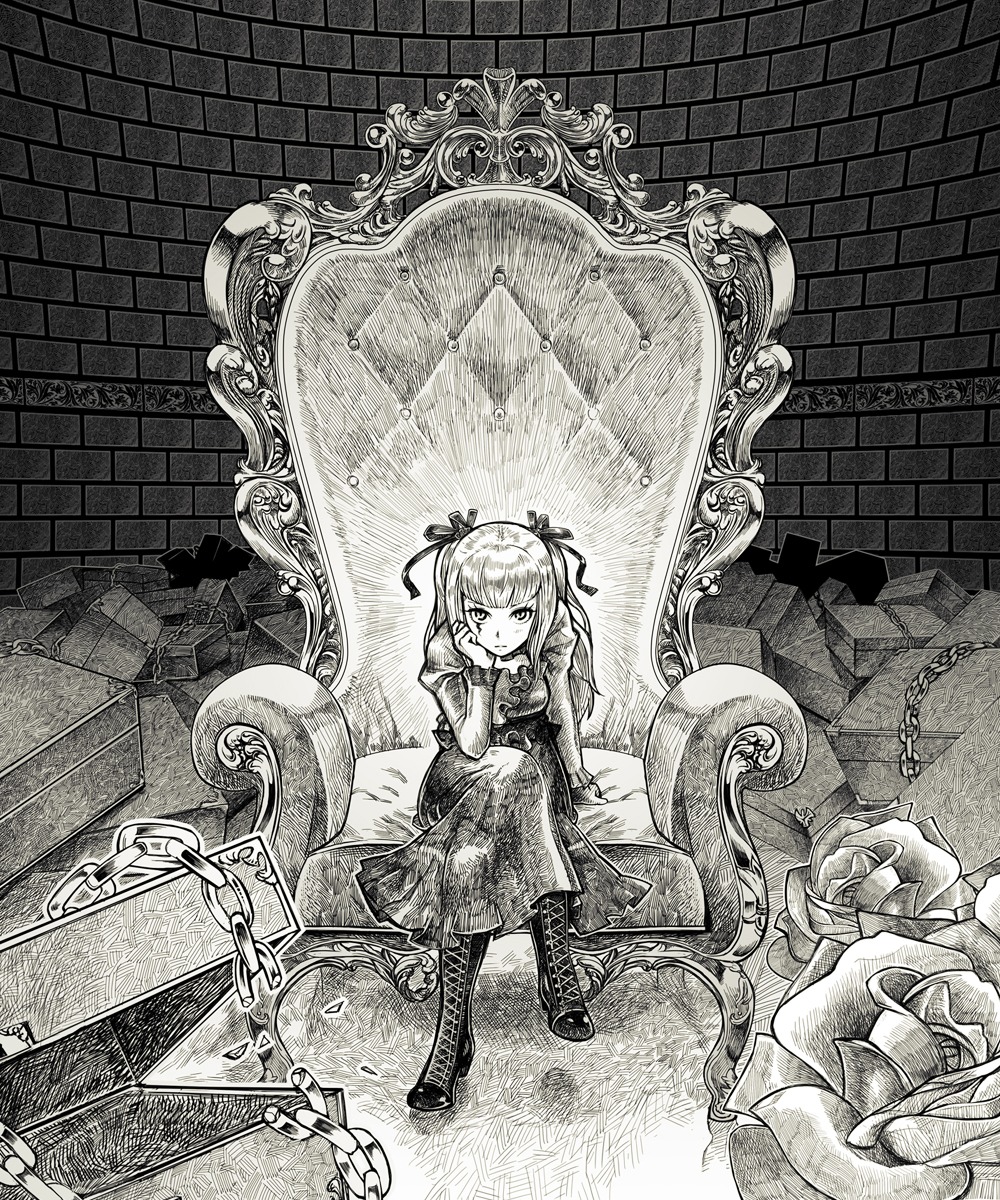 1girl bad_id bad_pixiv_id boots chain chair character_request dress flower greyscale hair_ribbon head_rest highres image kikukawa_norihiko monochrome photoshop_(medium) ribbon rozen_maiden scar shinku sitting solo throne twintails