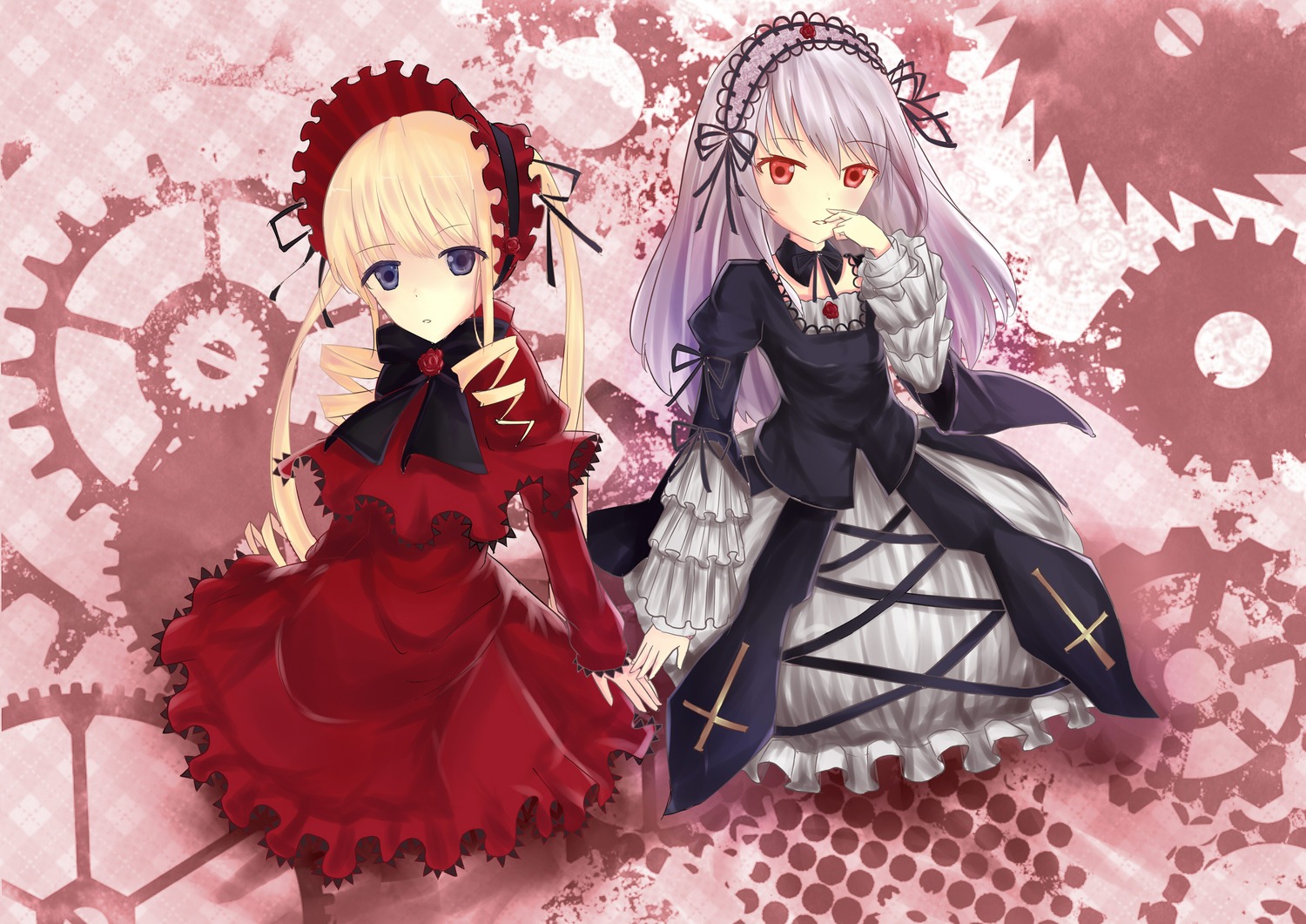 2girls blonde_hair dress flower frills full_moon hairband image long_hair long_sleeves looking_at_viewer moon multiple_girls pair red_eyes ribbon shinku silver_hair suigintou wings