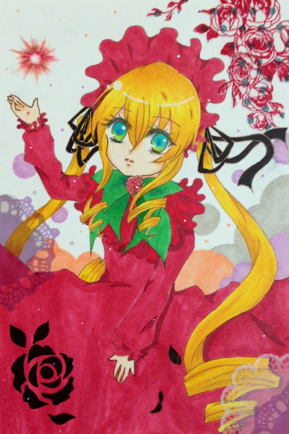 1girl blonde_hair blue_eyes bonnet dress drill_hair flower image long_hair long_sleeves looking_at_viewer pink_flower pink_rose red_dress red_flower rose shinku solo traditional_media twin_drills