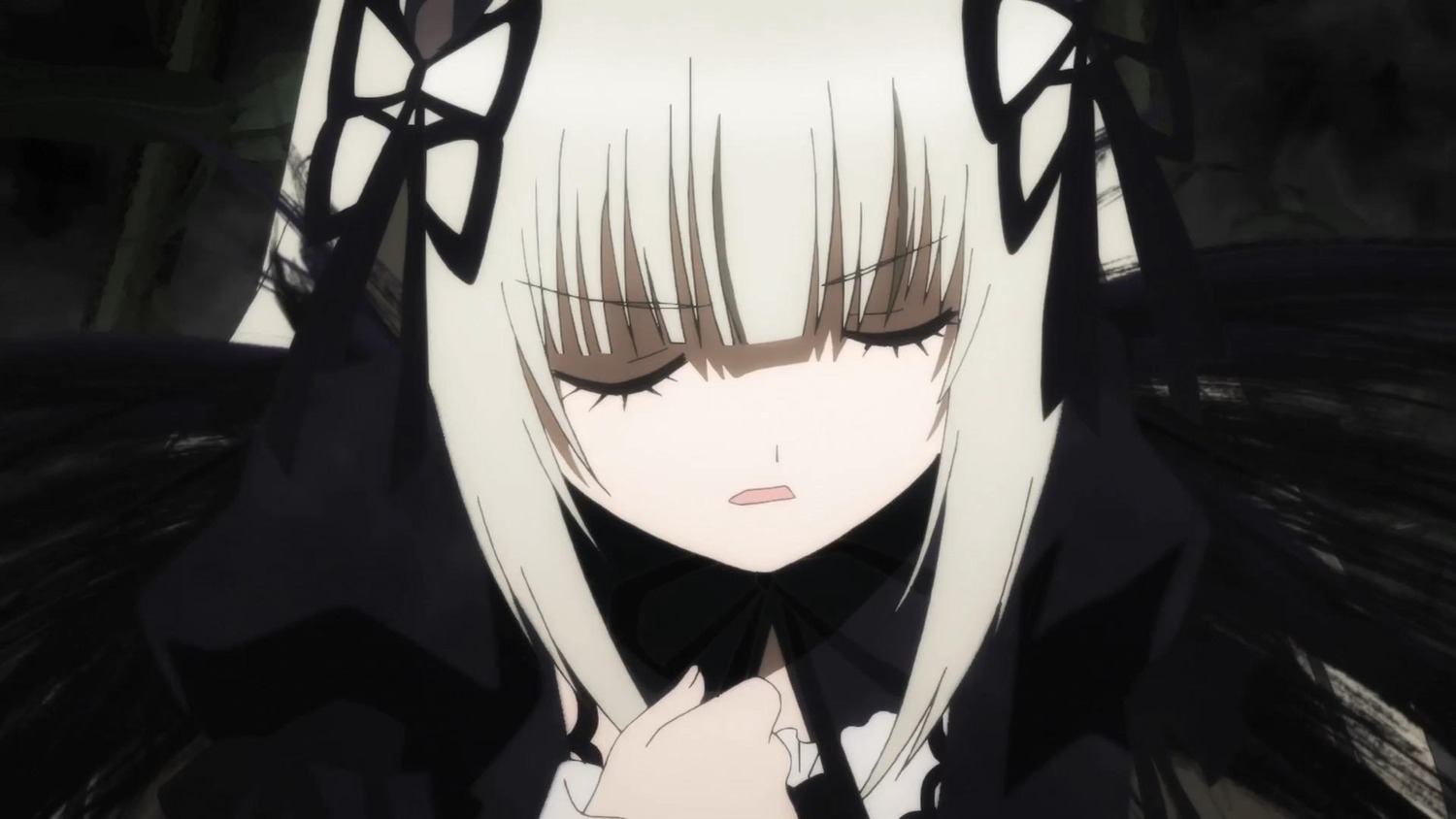 1girl bangs black_dress black_ribbon black_wings closed_eyes dress eyebrows_visible_through_hair hair_ribbon image juliet_sleeves long_hair long_sleeves parted_lips ribbon solo suigintou