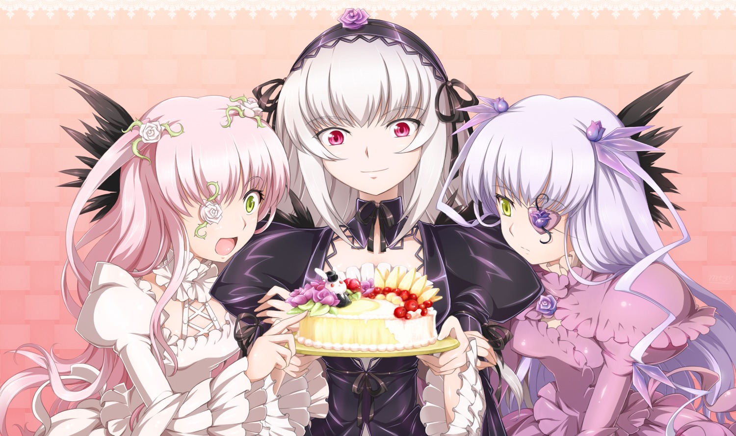 3girls barasuishou cake commentary_request detached_collar dress eyepatch flower food frills fruit green_eyes hair_flower hair_ornament hairband image kirakishou laplace_no_ma lolita_hairband long_hair long_sleeves looking_at_viewer mtyy multiple multiple_girls open_mouth photoshop_(medium) pink_eyes puffy_sleeves purple_hair red_eyes ribbon rozen_maiden silver_hair smile suigintou tagme two_side_up wings yellow_eyes