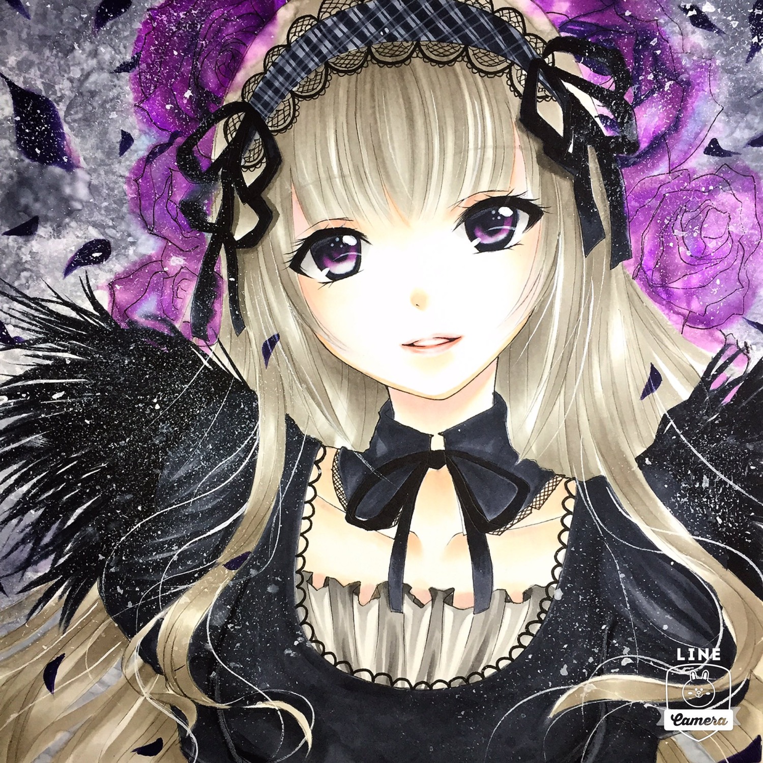 1girl blonde_hair choker flower gothic_lolita hairband image long_hair looking_at_viewer purple_eyes purple_flower purple_rose ribbon rose smile solo suigintou traditional_media